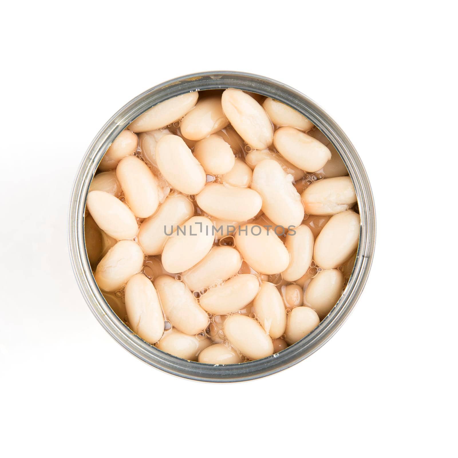 Can of navy beans, or great northern beans, isolated and viewed from above.