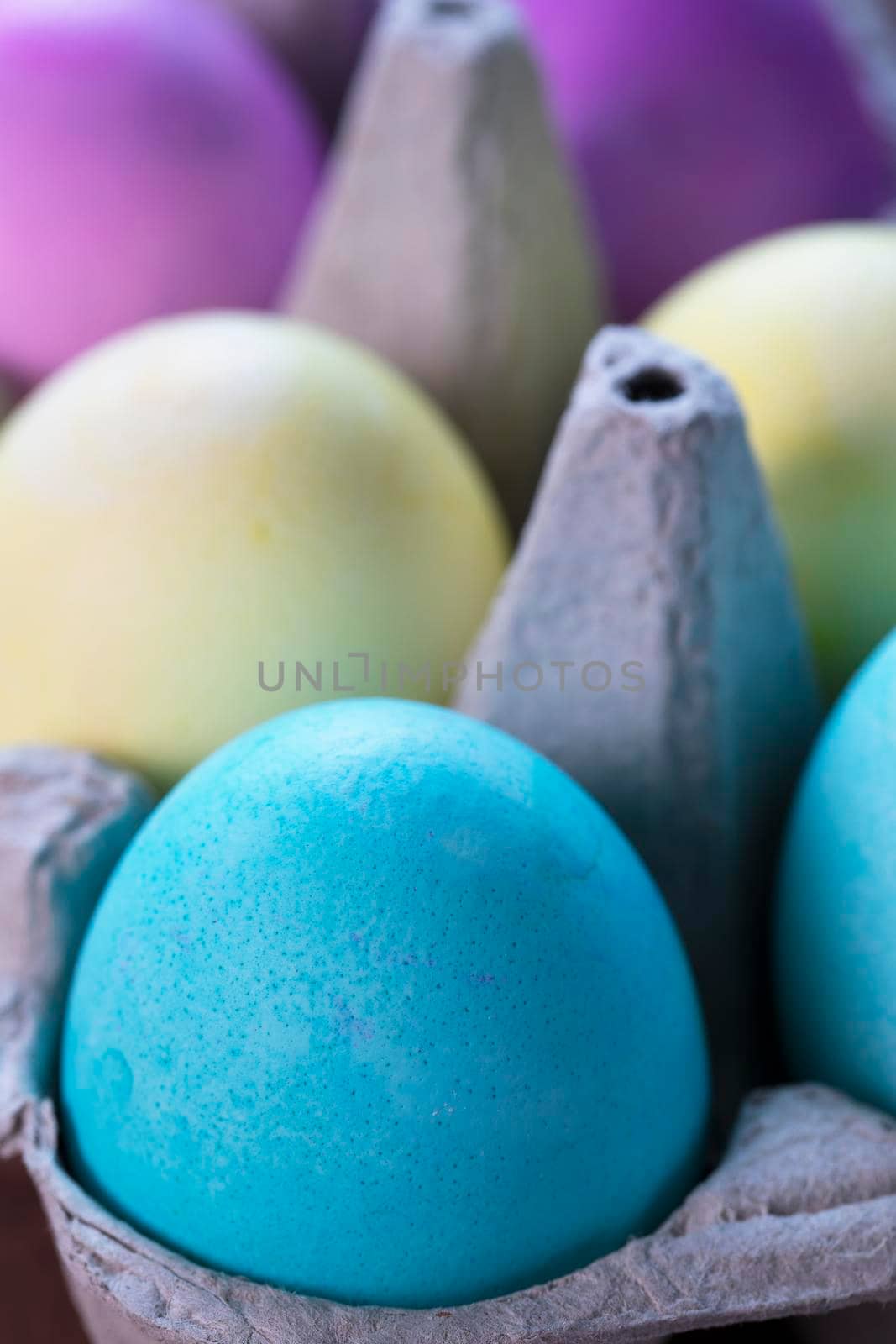 Colorful Easter eggs in egg carton.