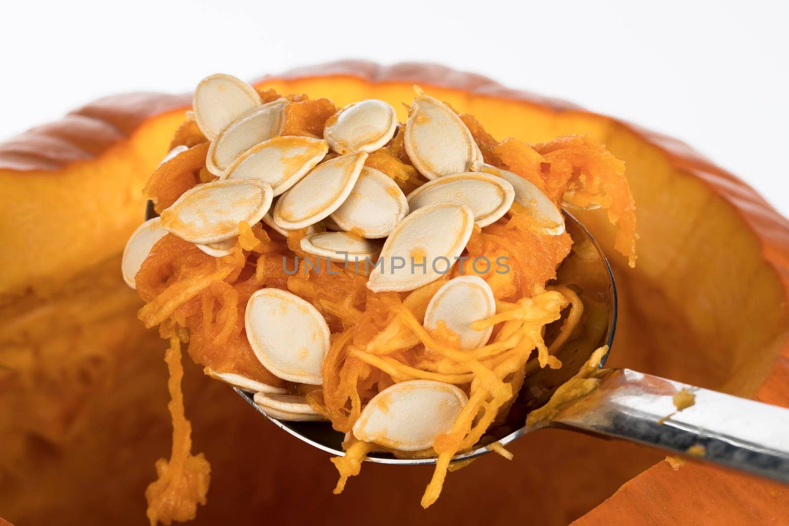 Large spoon of pumpkin seeds scraped from inside pumpkin to prepare for carving jack o lantern