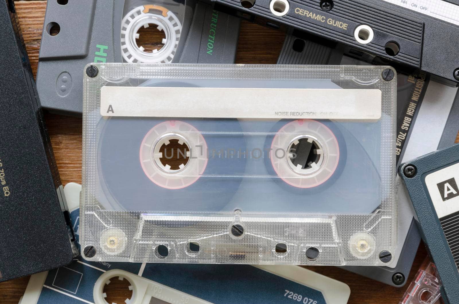 batch of vintage audio cassettes  with blank text line on central one 