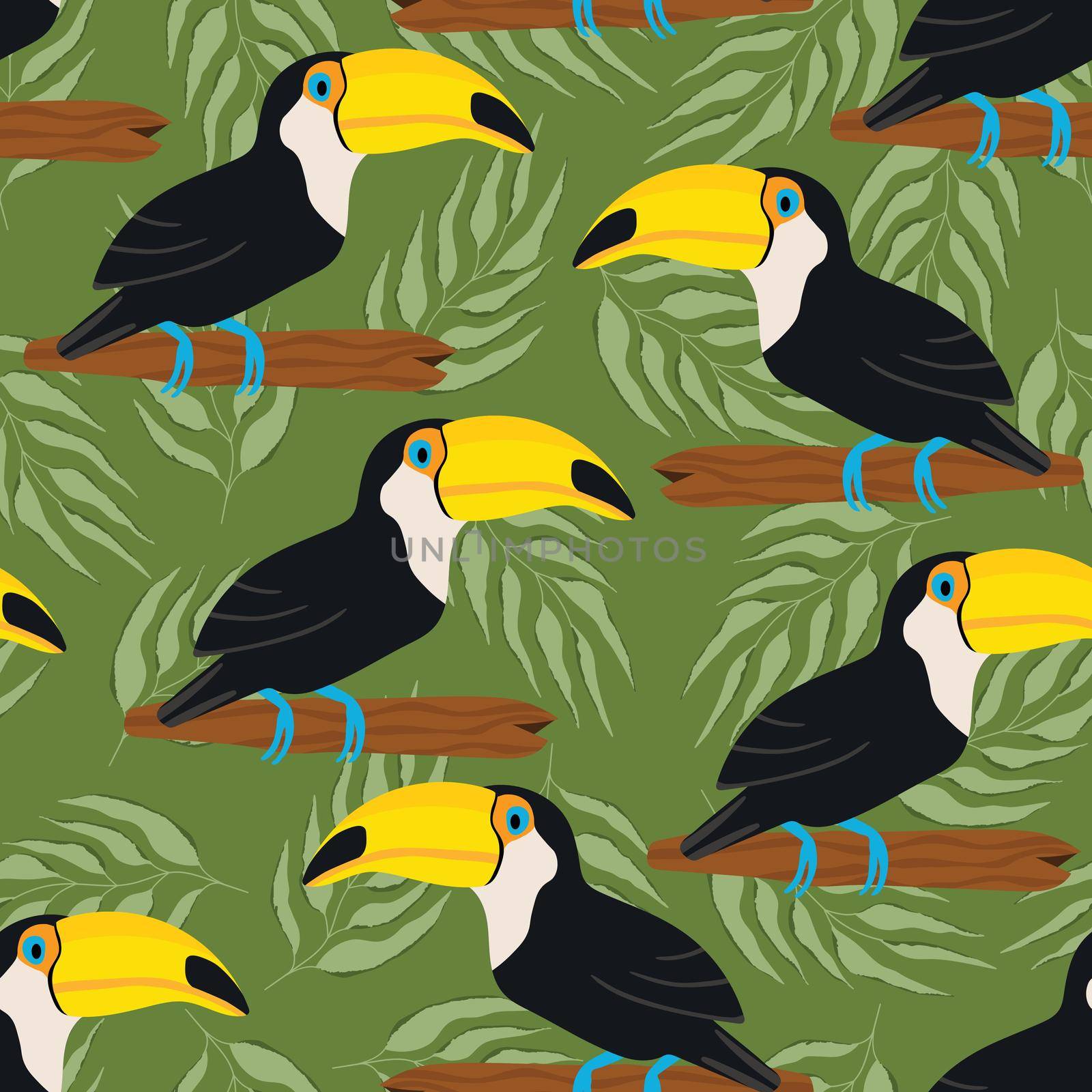 Seamless pattern with cute cartoon toucan bird on branch. Vector illustration for wallpaper, fabric, textile. Summer exotic print. Tropical toucan with floral monstera leaves.