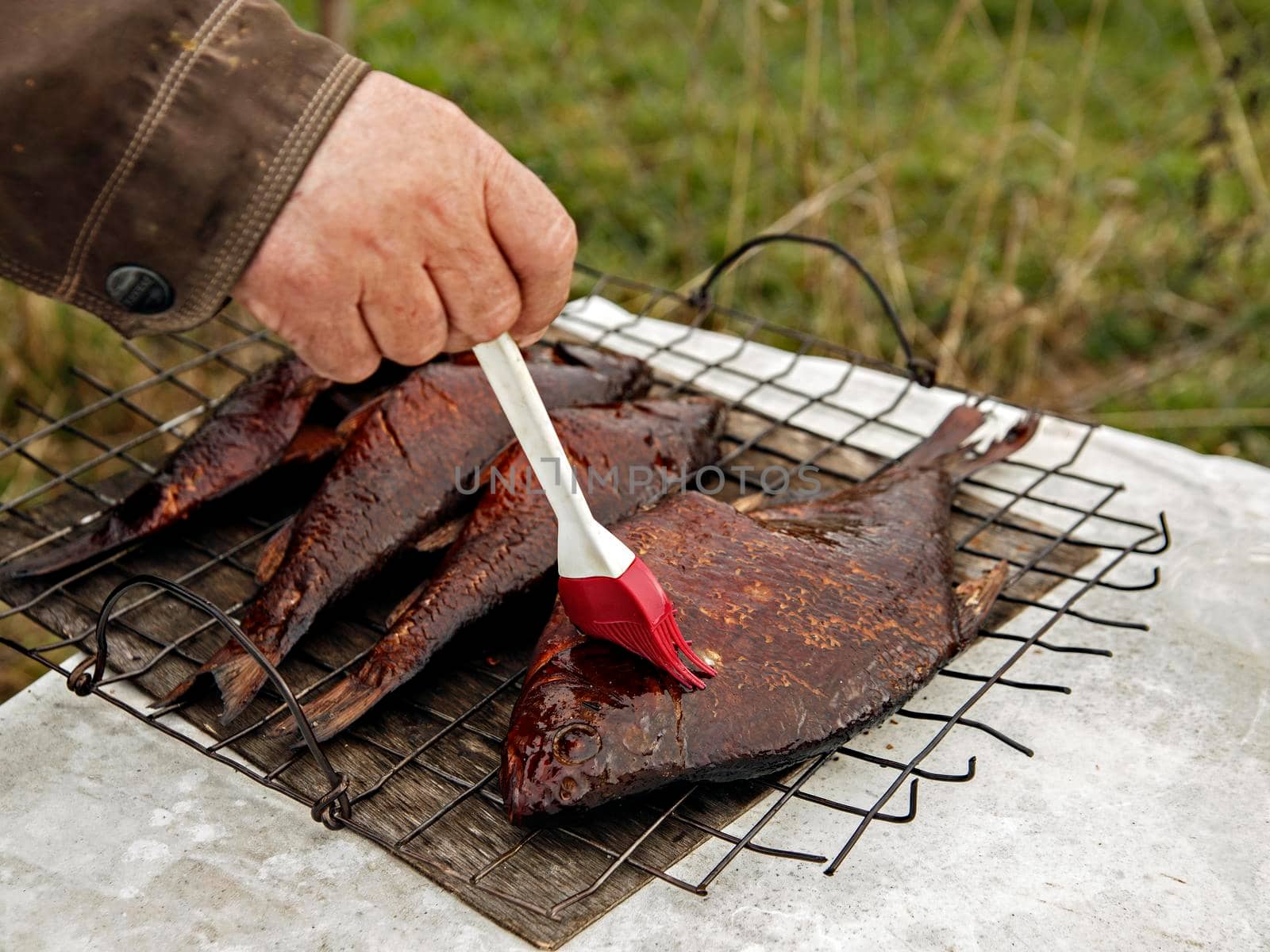 Man prepares fish for smoking, brush smears fish with oil.