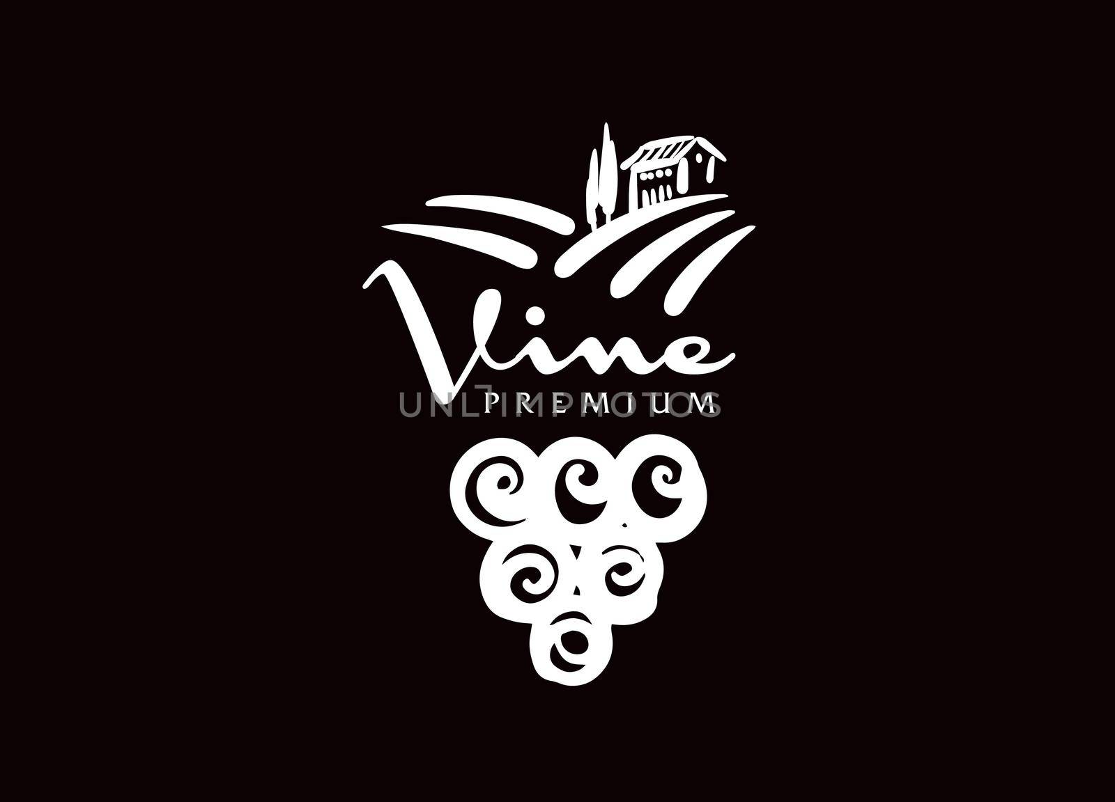 Vector logo drawn by hand. Landscape of vineyards for making wine.