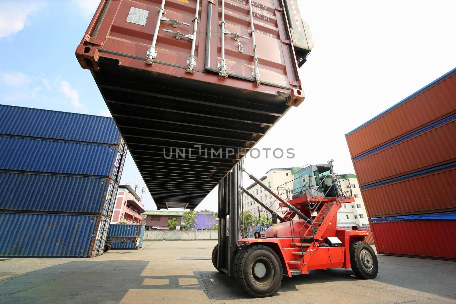 Container Cargo Port Ship Yard Storage Handling of Logistic Transportation Industry. Row of Stacking Containers of Freight Import/Export Distribution Warehouse. Shipping Logistics Transport Industrial, container box in warehouse in shipping port.