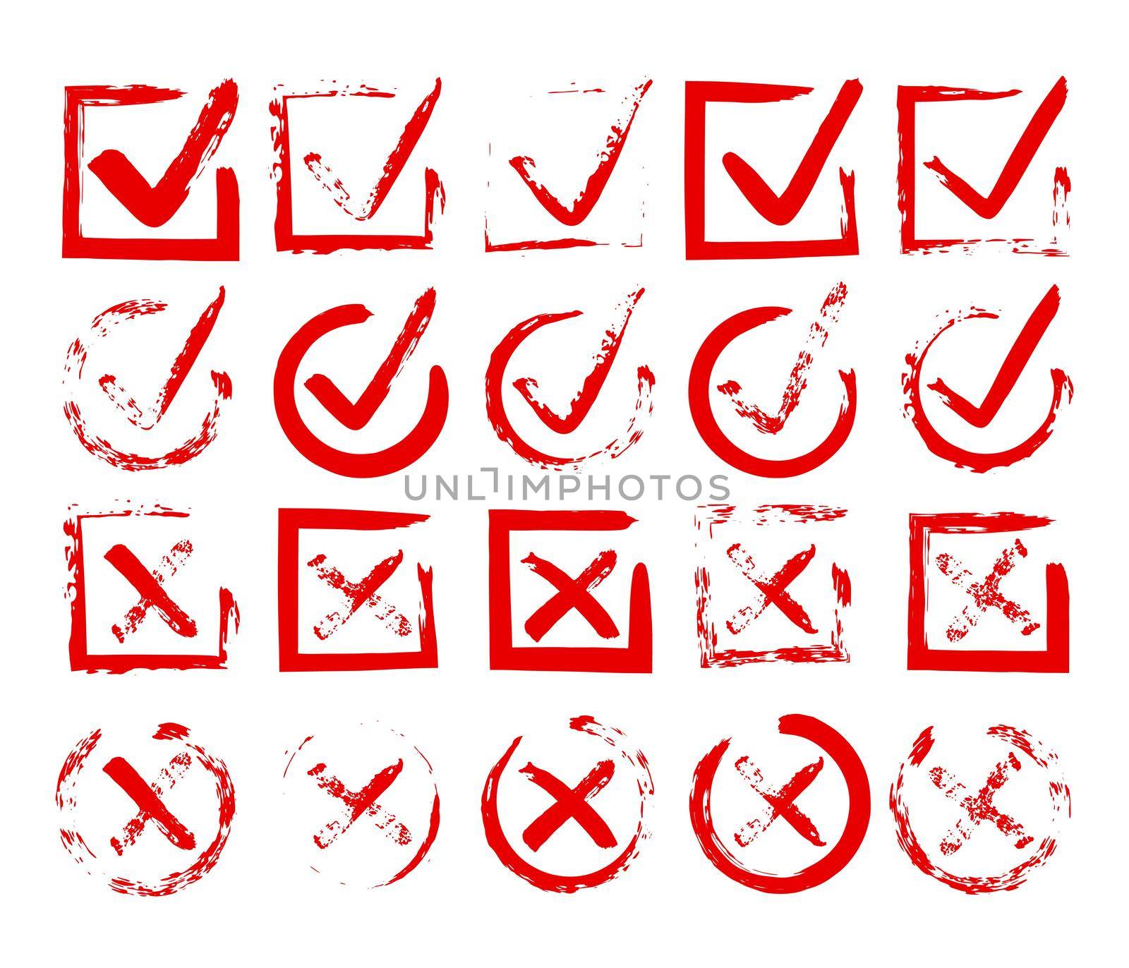 Check mark red. Grunge V X hand drawn checkmarks. Vector square and circle ink sketch signs