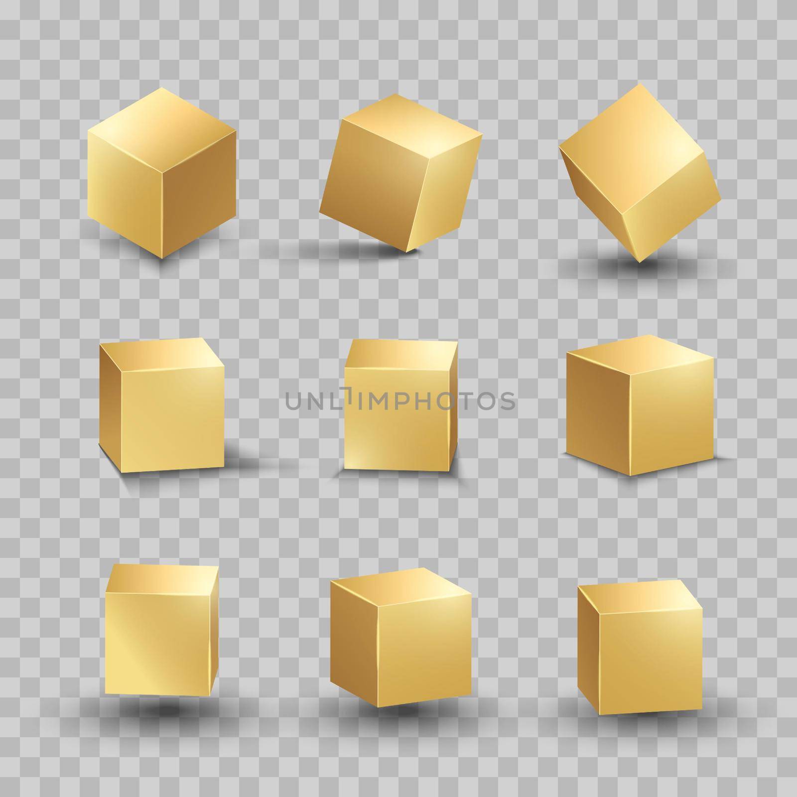 Golden cube. Gold box metallic shape. Vector square block set. by Elena_Garder