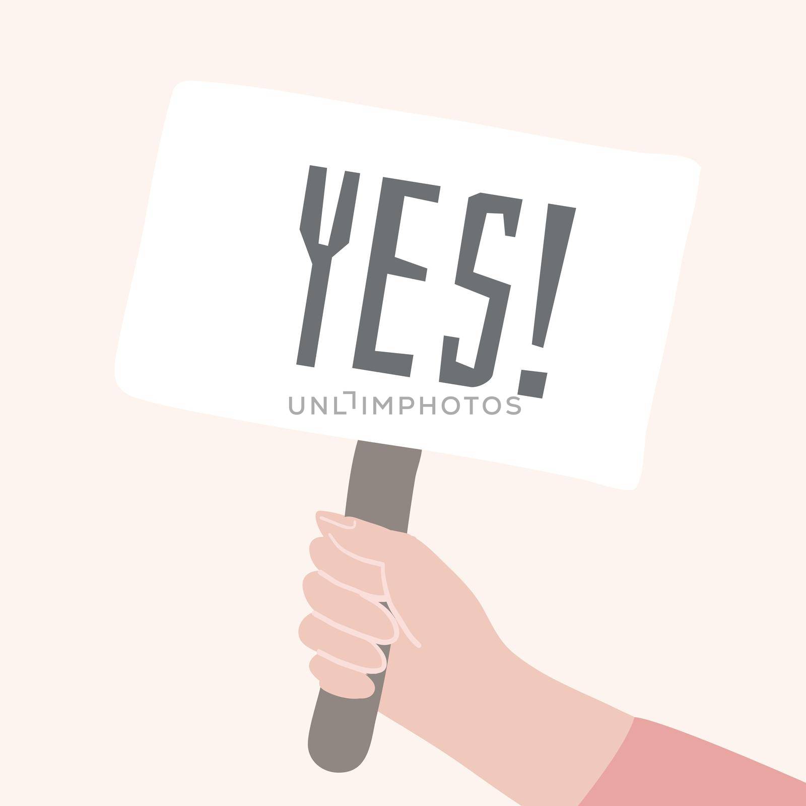 Yes banner in comic human hand. Correct answer sign. Right decision cartoon vector concept