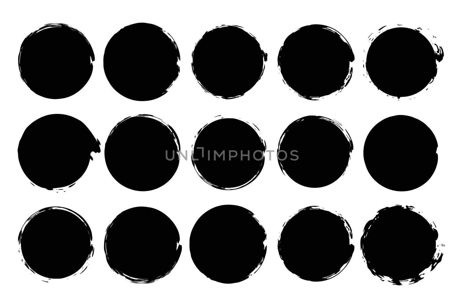 Circle paint grunge splash. Vector round black stain set. Rough ink retro stamp clipart isolated on white.