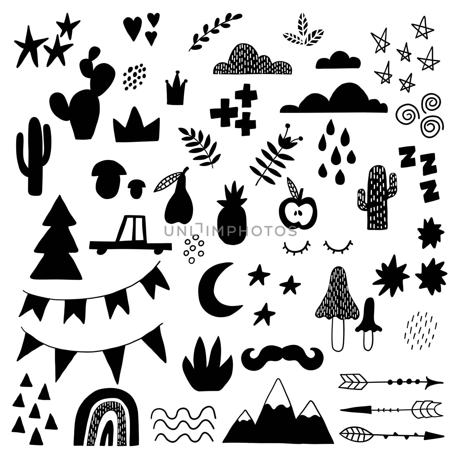 Doodle geometric abstract trendy scandinavian black shapes. Vector hand drawn monochrome elemens for kids fabric textile. by Elena_Garder