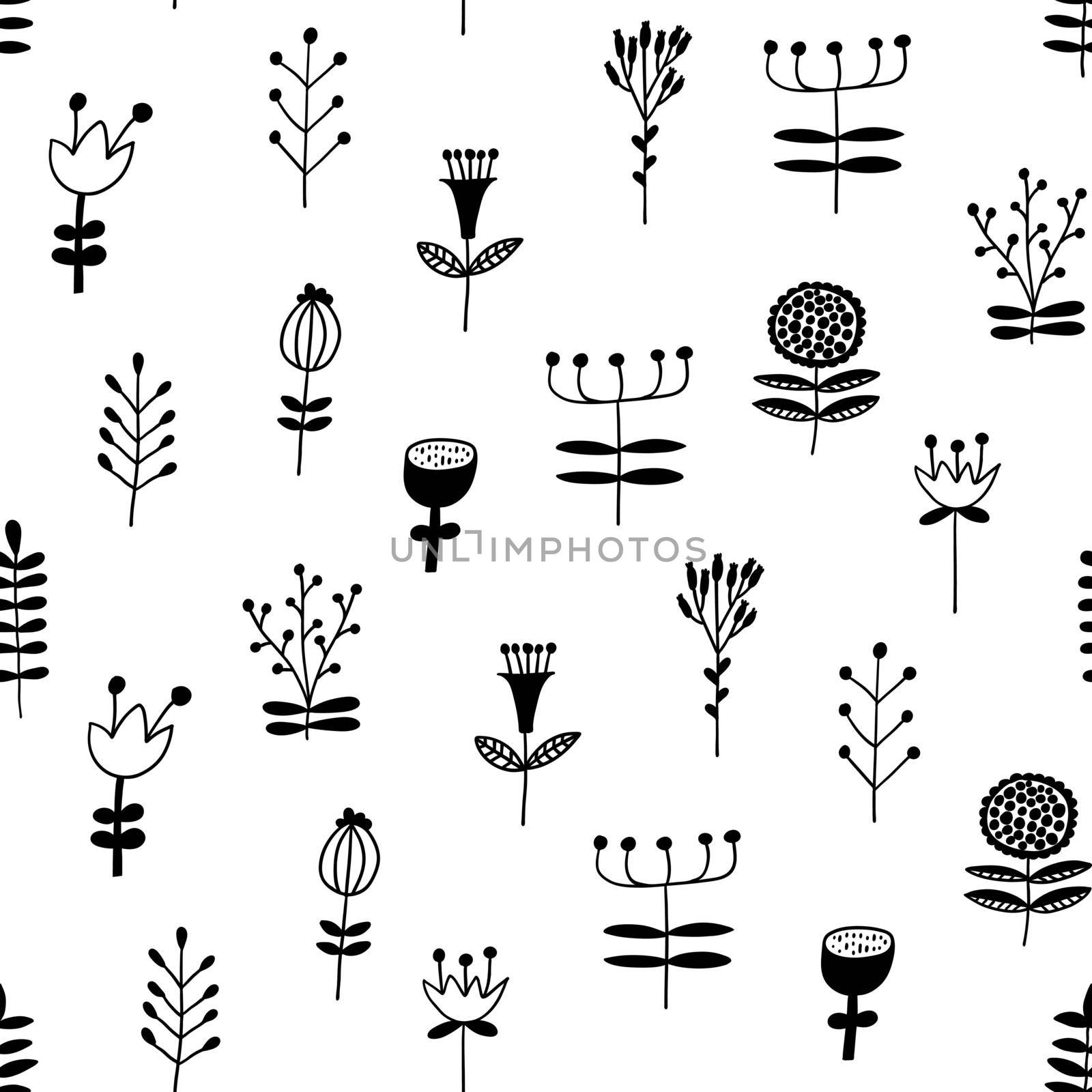 Scandinavian floral seamless pattern. Vector black and white monochrome scandi print. Flower trendy background by Elena_Garder