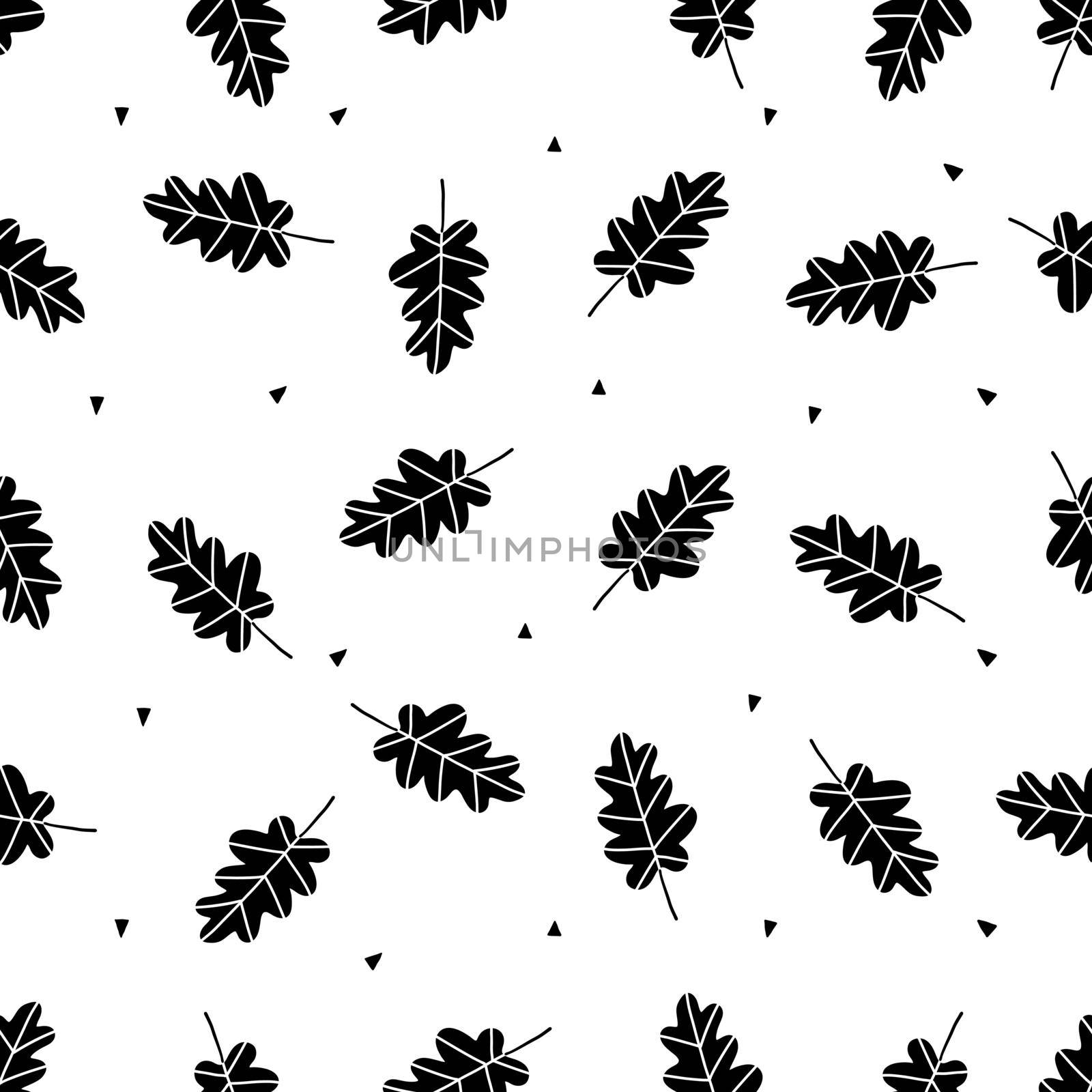 Oak leaves scandinavian seamless pattern. Vector black and white monochrome scandi print. Child trendy background by Elena_Garder