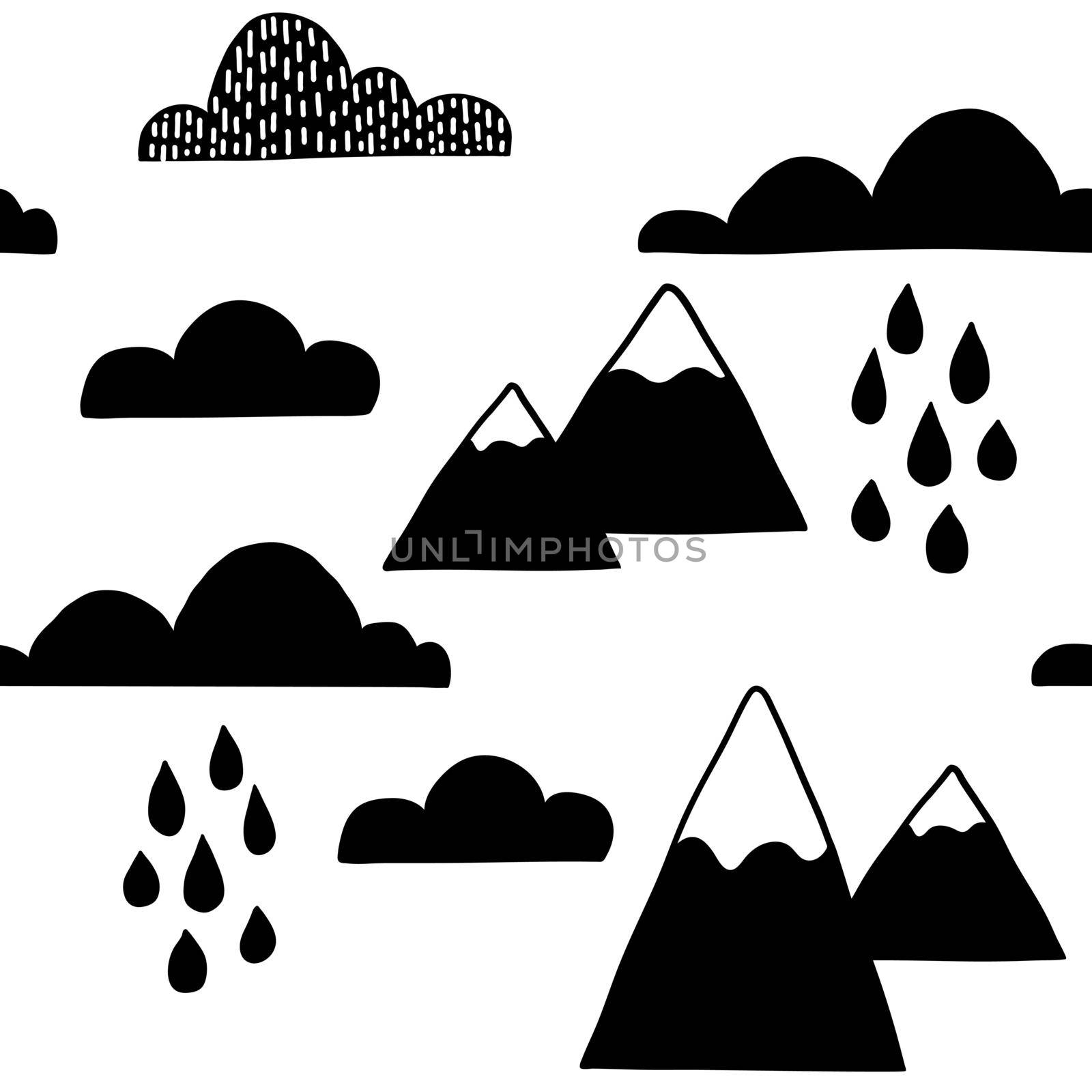 Scandinavian clouds seamless pattern. Vector black and white monochrome scandi print. Child trendy background by Elena_Garder