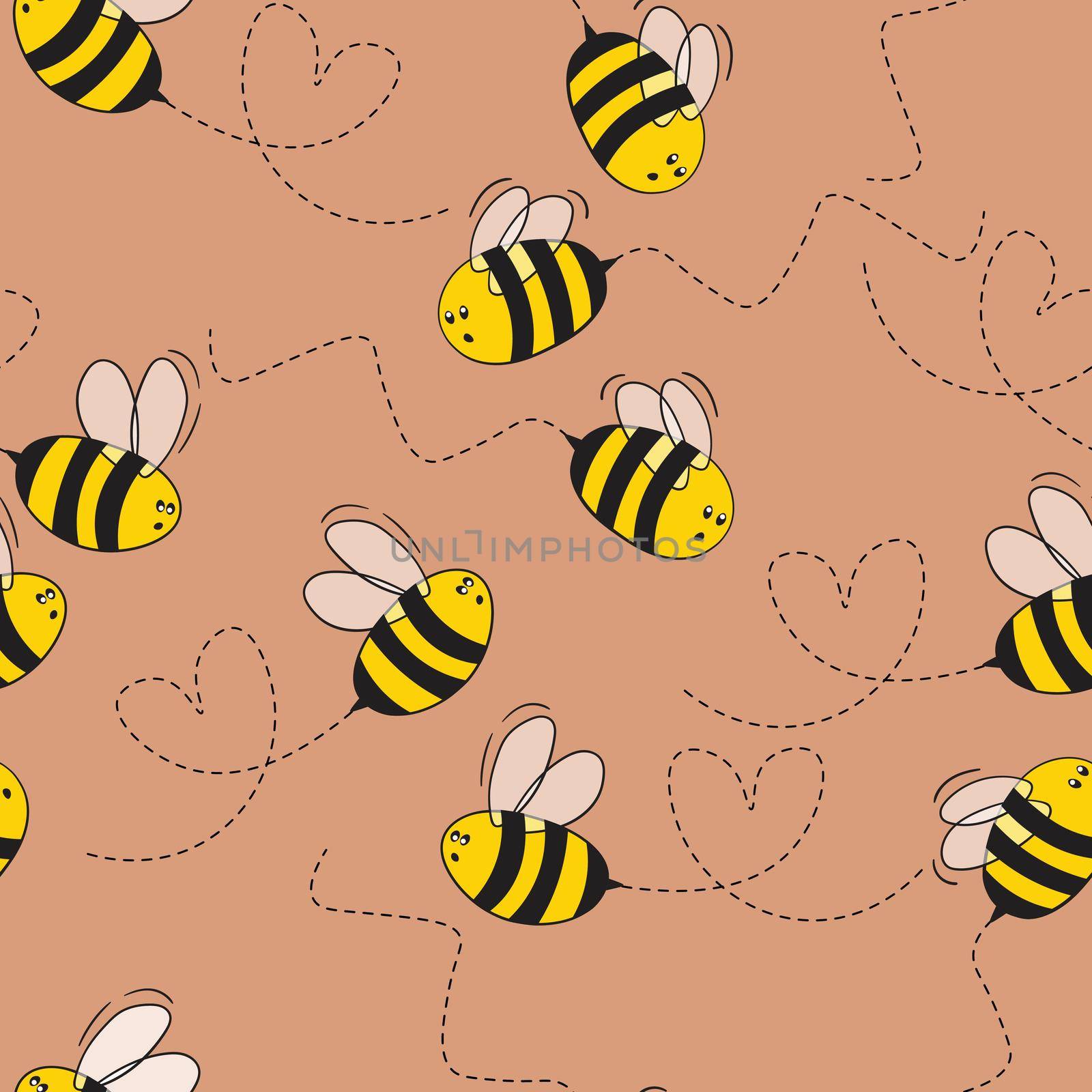 Seamless pattern with bees on color background. Small wasp. Vector illustration. Adorable cartoon character. Template design for invitation, cards, textile, fabric. Doodle style.