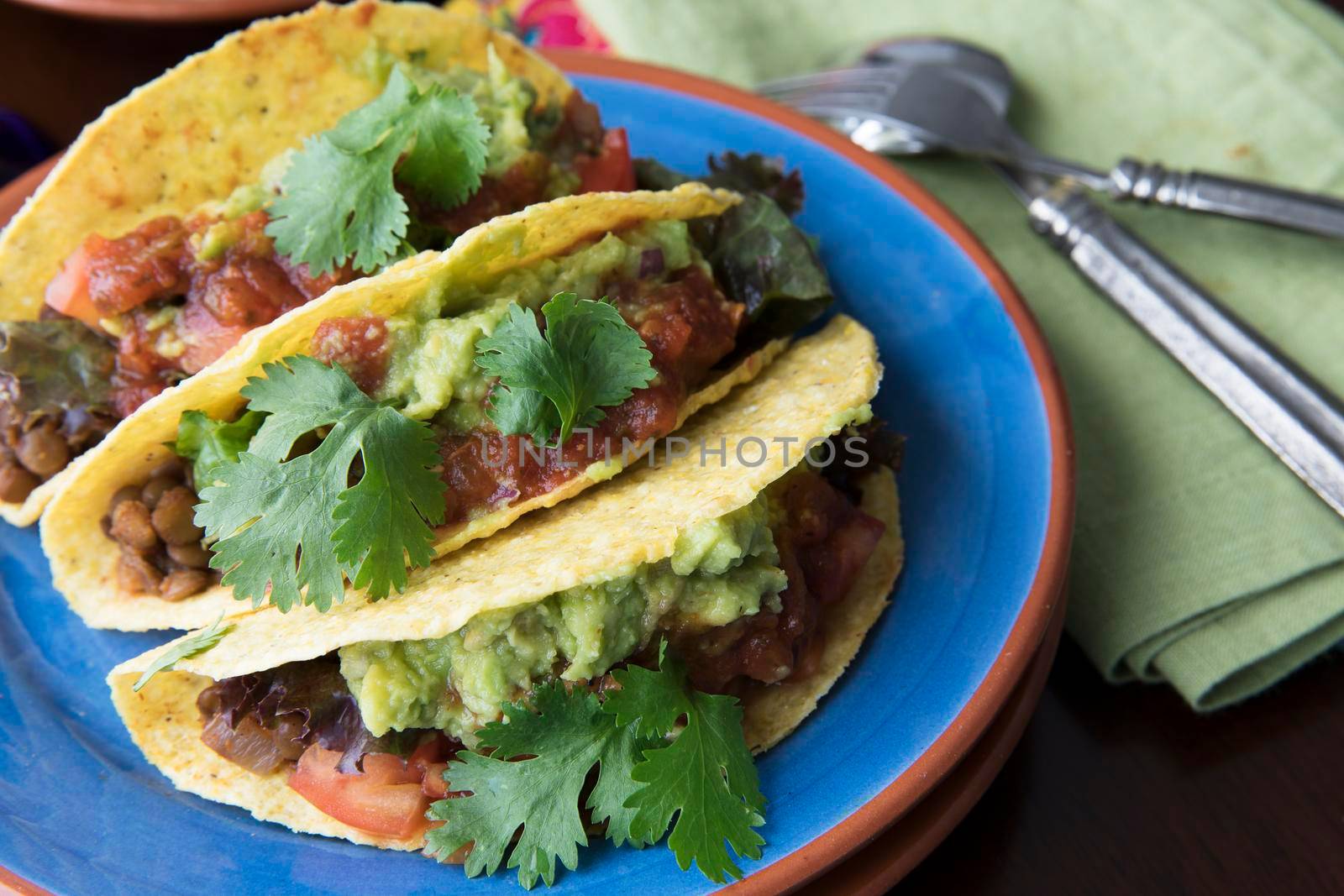 Three homemade spicy lentil tacos with guacamole, salsa and topped with cilantro