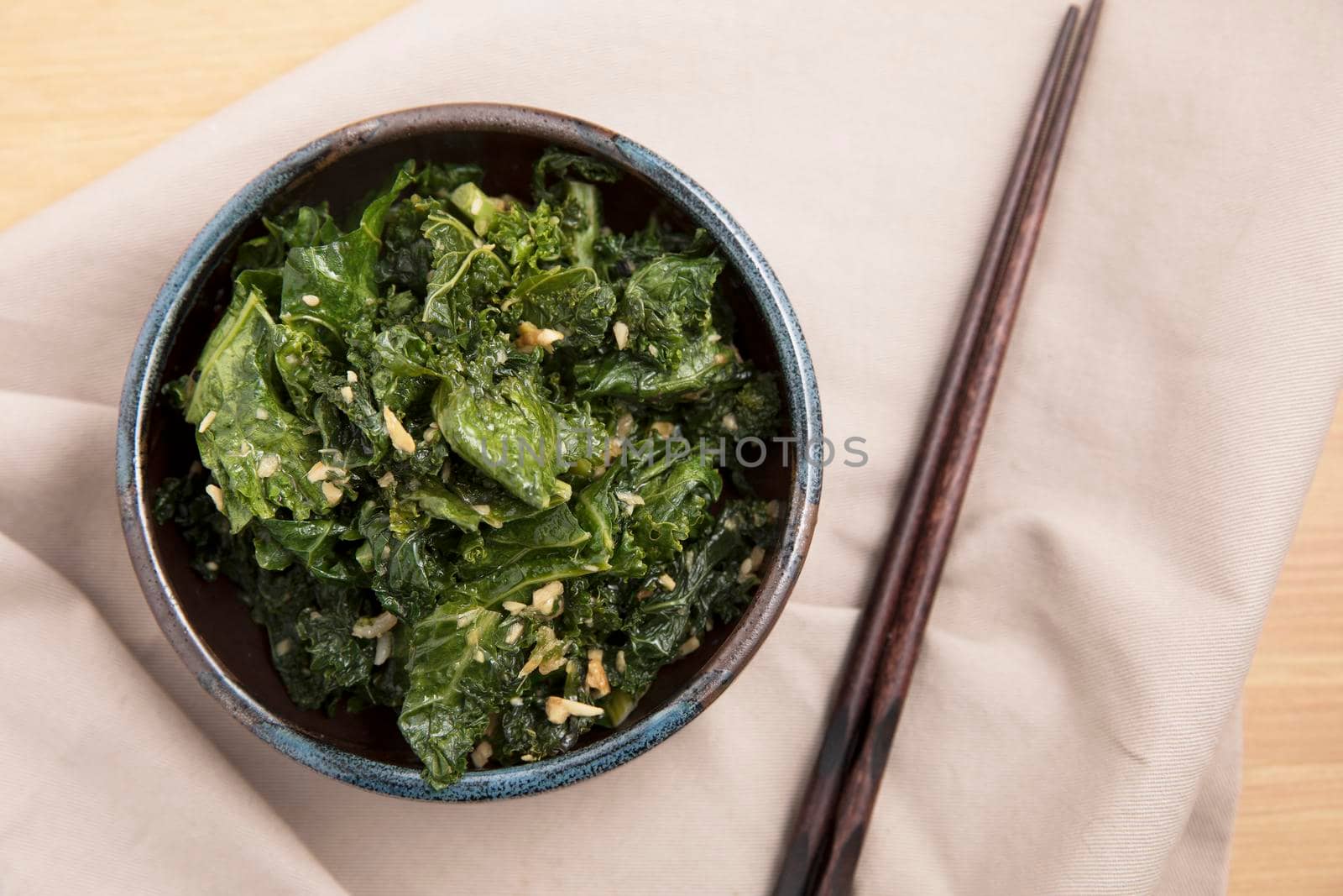 Stir fried kale with ginger and garlic flat lay.