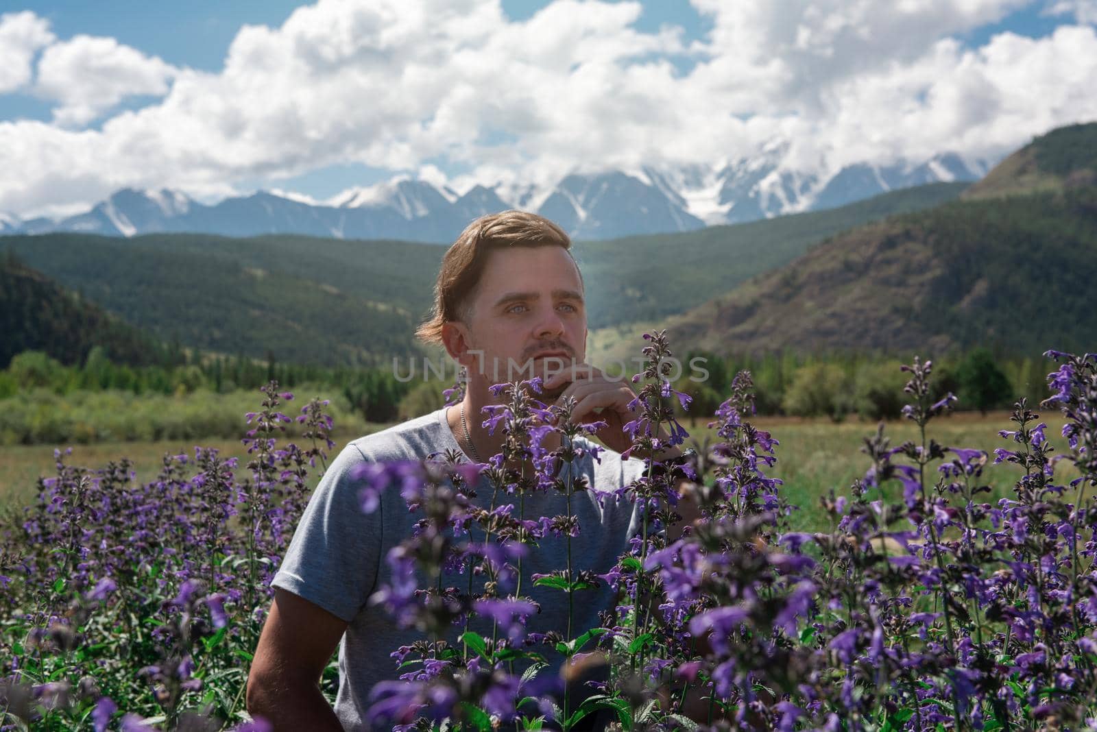 Man in beautiful wild pink and purple flowers field in summer Altai mountains