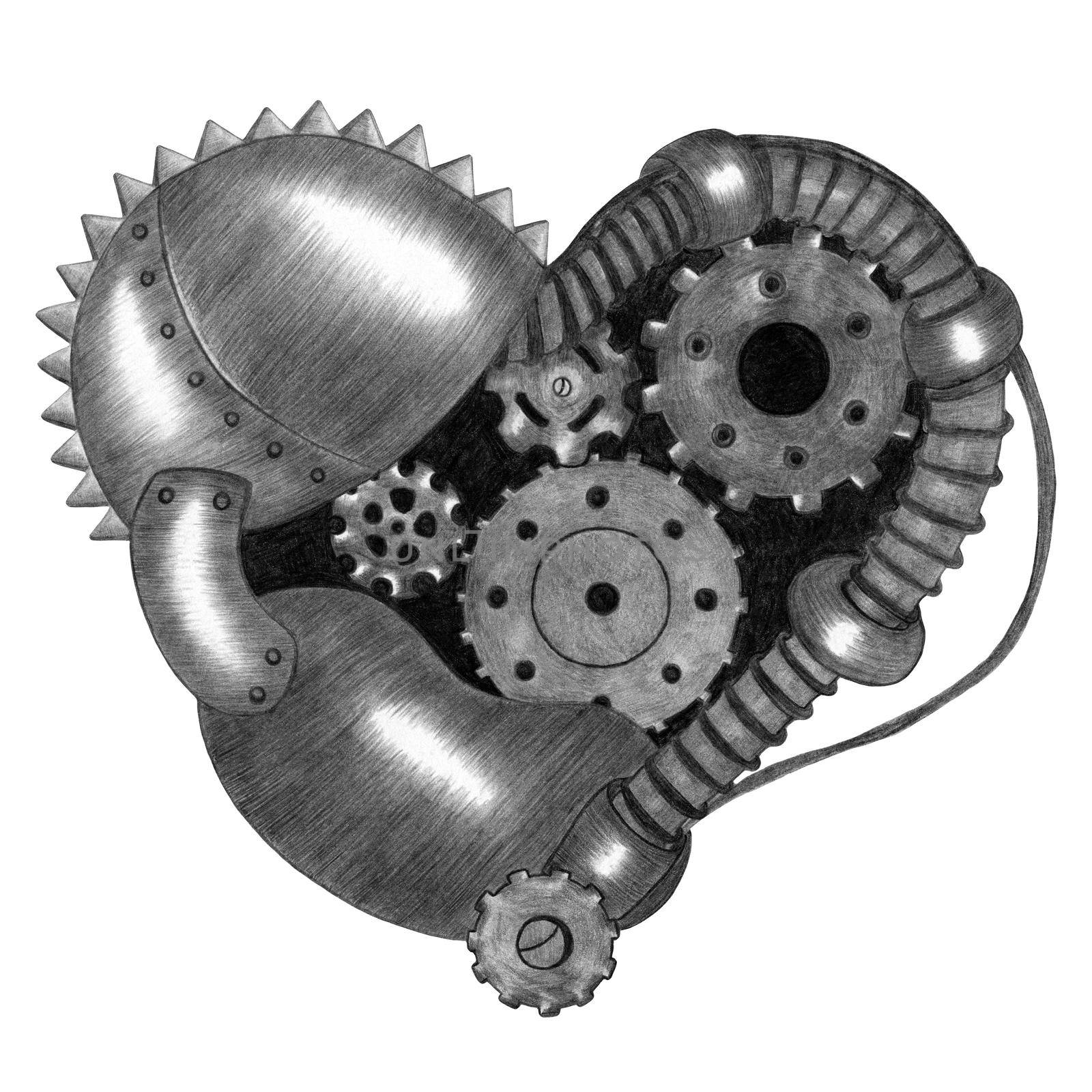 Hand Drawn Illustration of Black and White Steampunk Heart in Gray Colors on White Background. Steampunk Heart Design Element Drawn by Pencil.