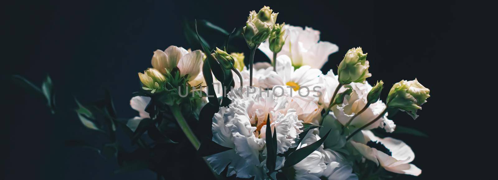 Flower bouquet on black background, beautiful floral arrangement, creative flowers and floristic design idea by Anneleven