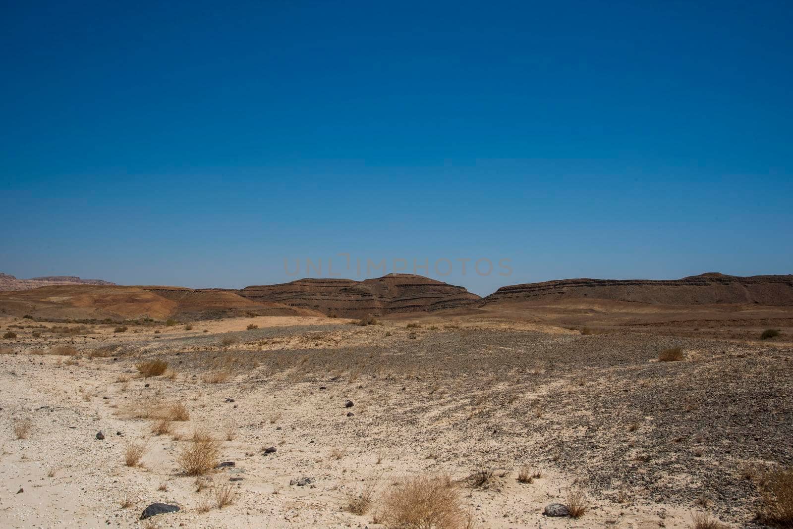 A view from the crater in the Ramon Crater. Arid desert view. White sands and a horizon of blue skies. Negev, Israel. High quality photo