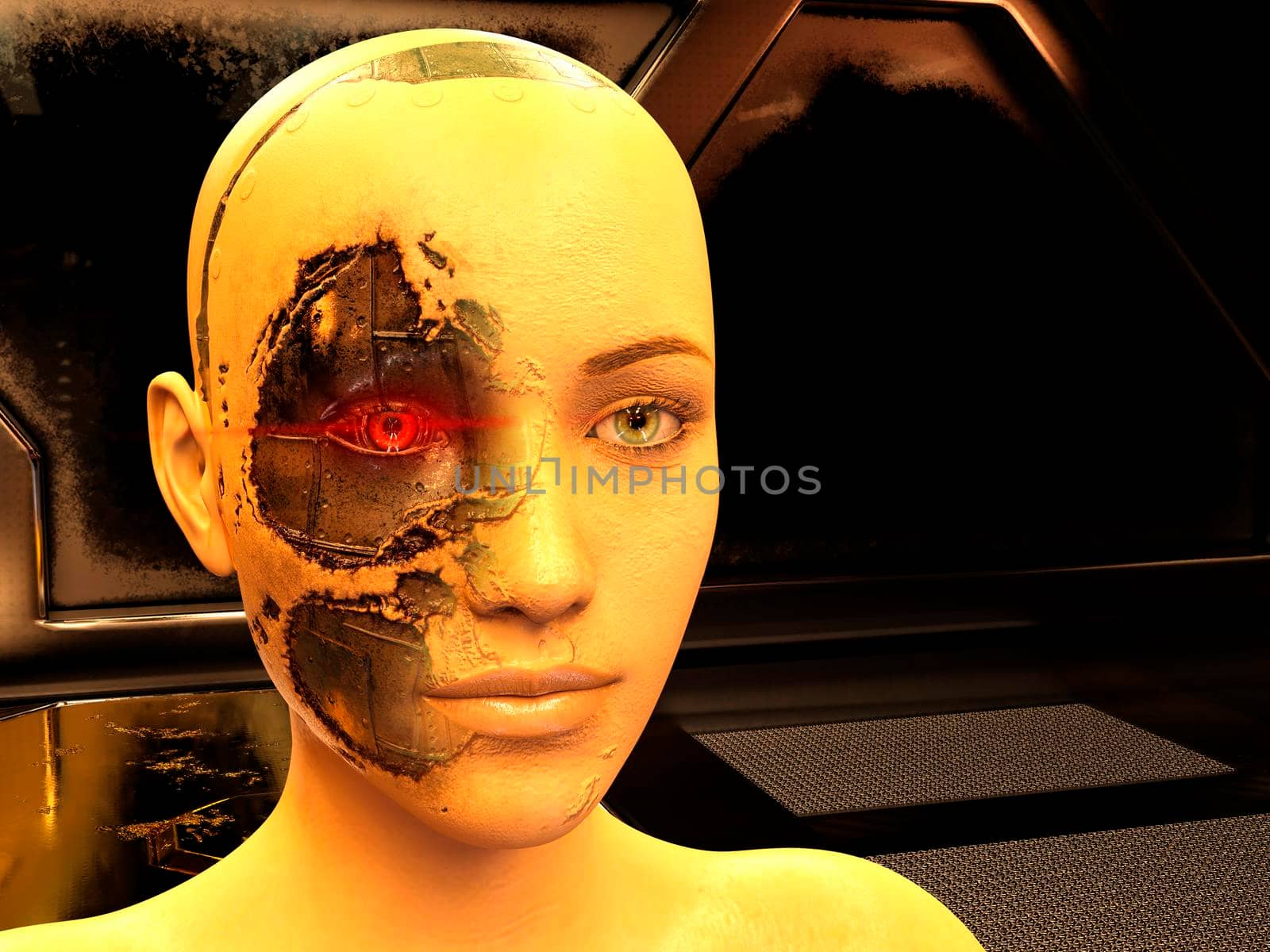 Cyborg woman in futuristic dark room - 3d rendering