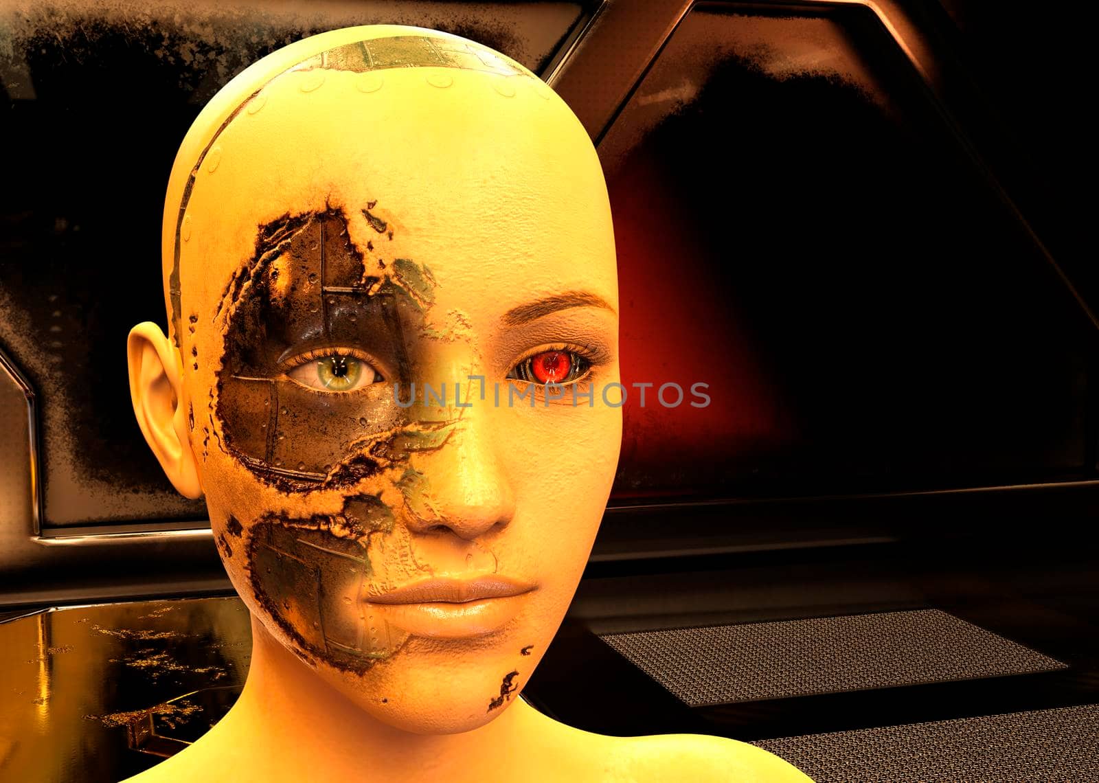 Cyborg woman in futuristic dark room - 3d rendering