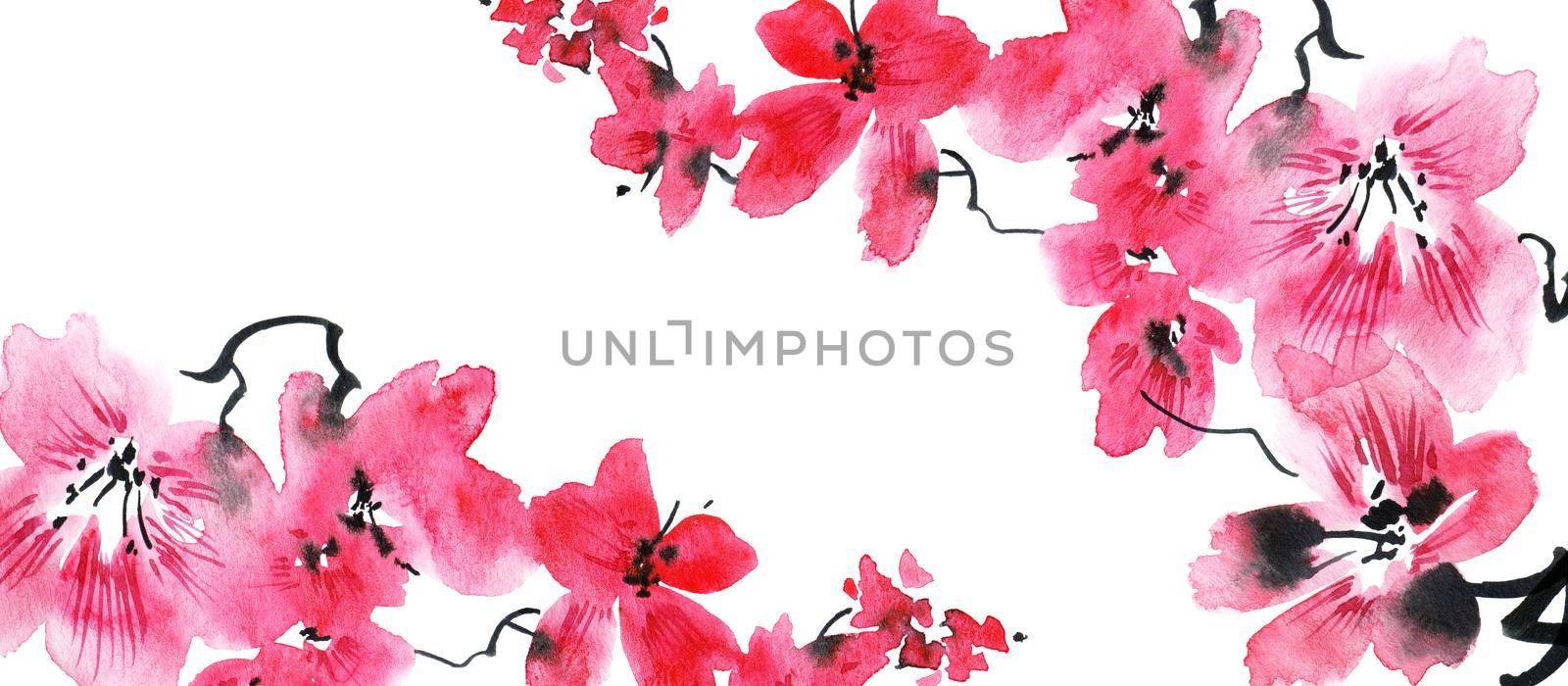 Watercolor illustration of blossom sakura tree with pink flowers and buds. Oriental traditional painting in style sumi-e, u-sin and gohua. Flowers on white background. Horizontal design.