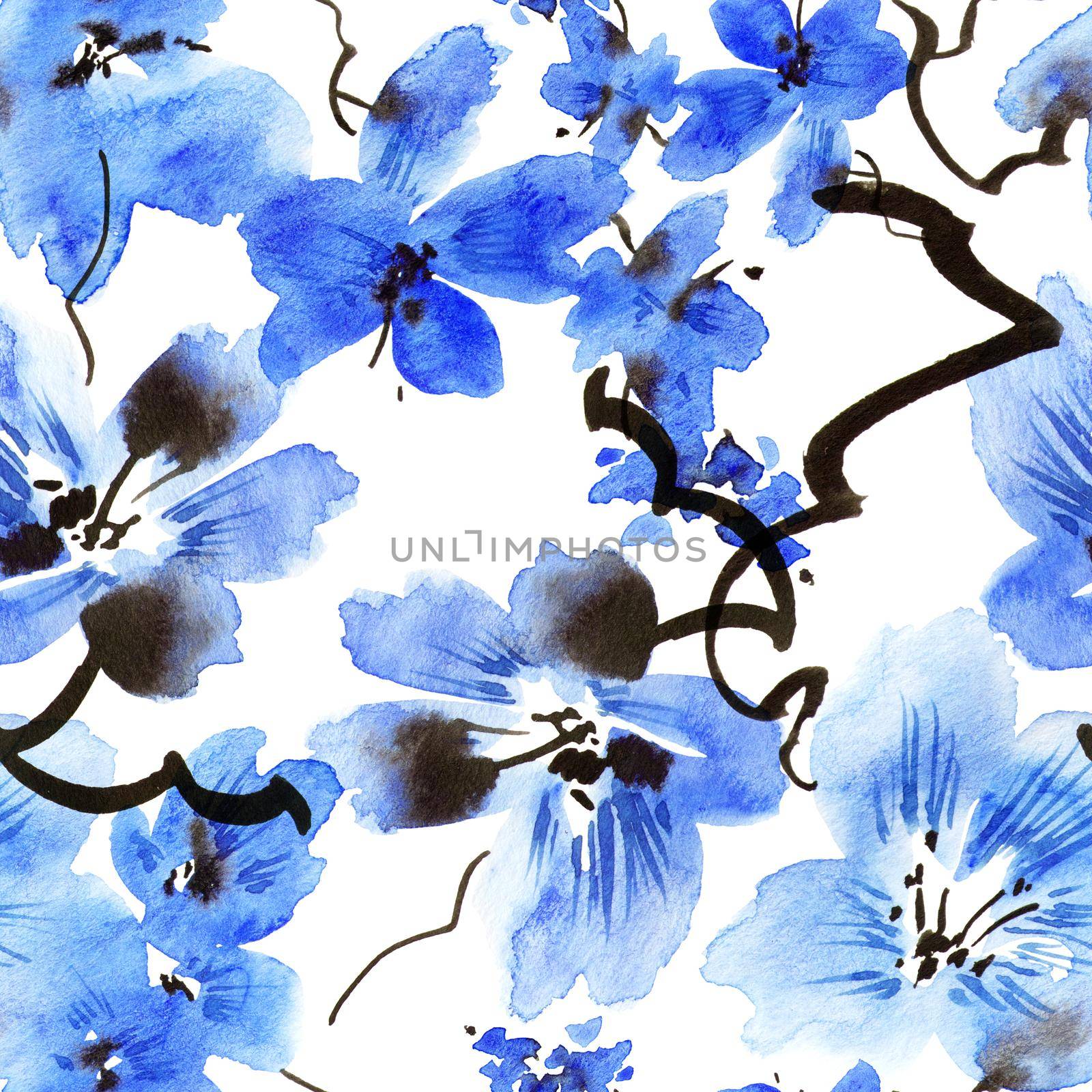 Watercolor illustration of blossom tree branch with blue flowers - seamless pattern. Oriental traditional painting in style sumi-e, u-sin and gohua. Flowers on white background.