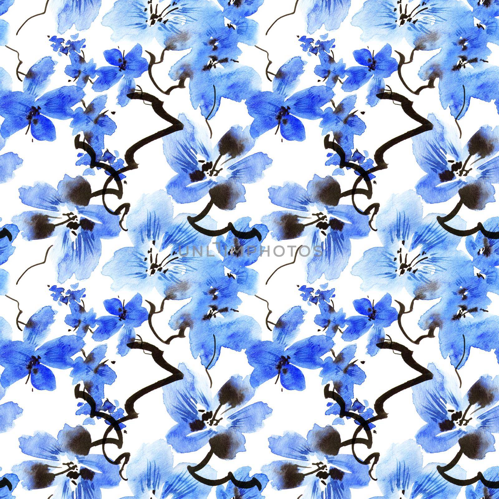 Watercolor illustration of blossom tree branch with blue flowers - seamless pattern. Oriental traditional painting in style sumi-e, u-sin and gohua. Flowers on white background.