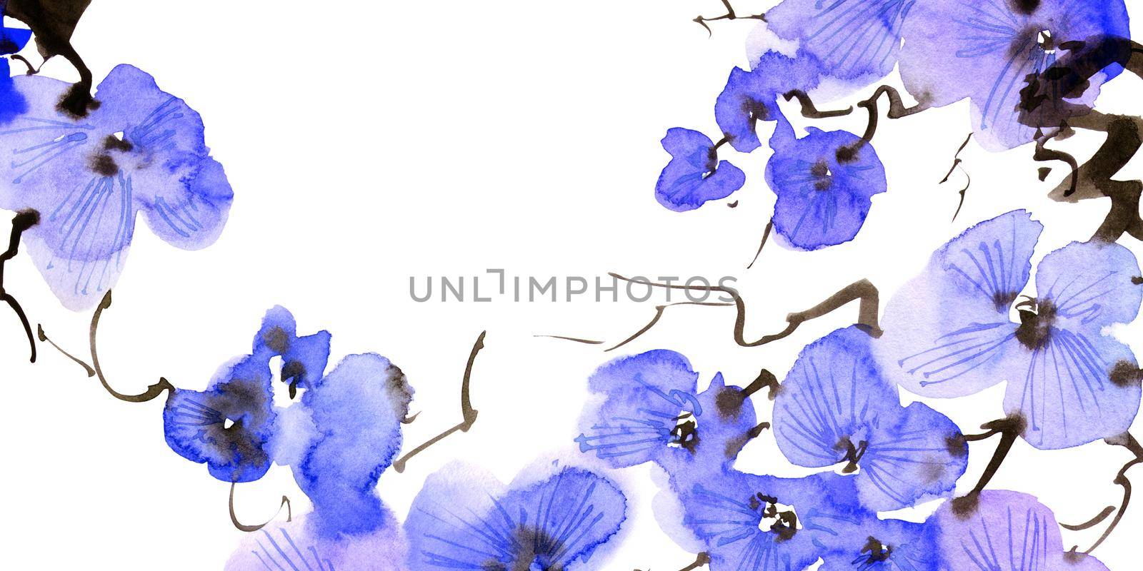 Watercolor illustration of blossom tree branch with blue flowers. Oriental traditional painting in style sumi-e, u-sin and gohua. Flowers on white background. Horizontal background.