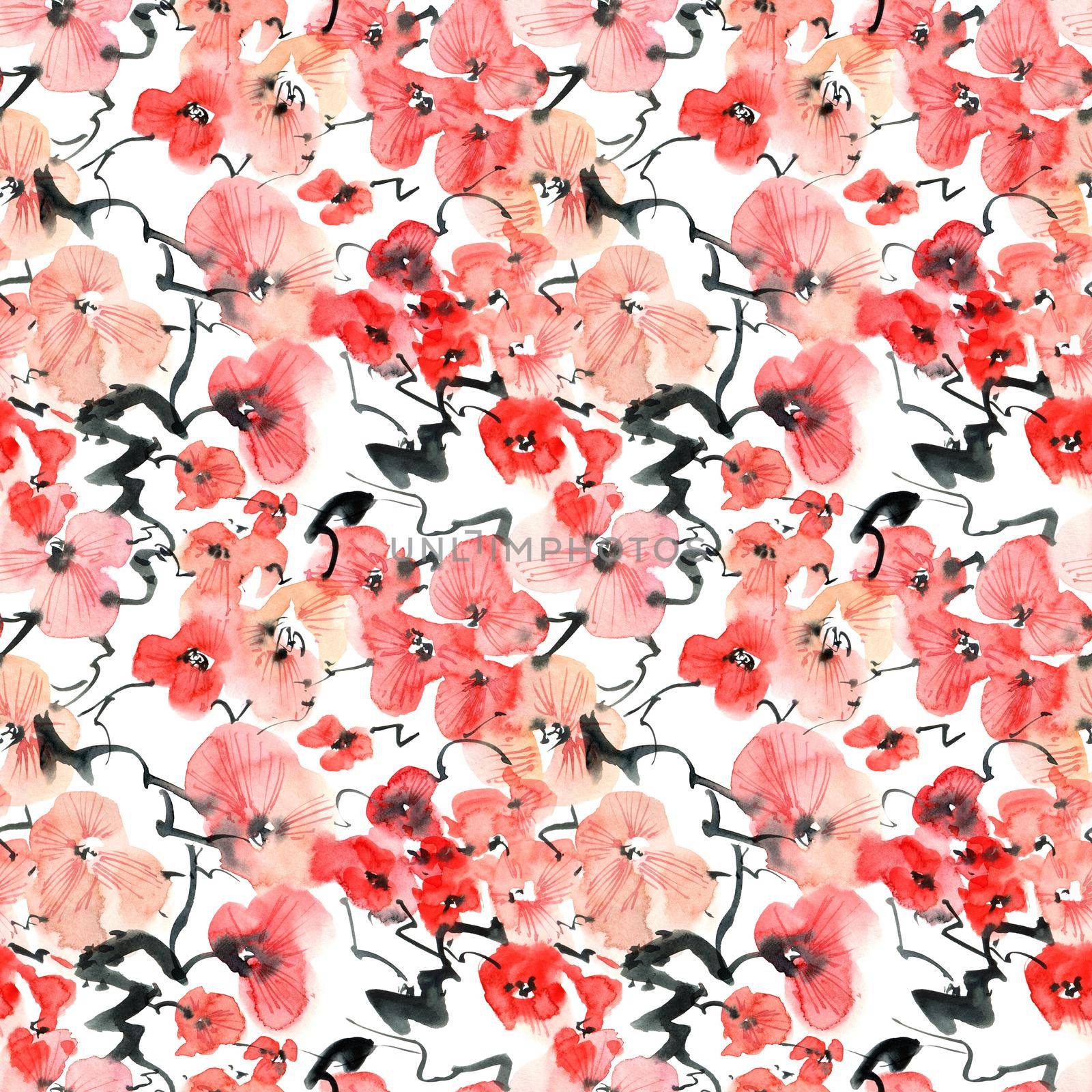 Watercolor illustration of blossom sakura tree with pink flowers and buds - seamless pattern. Oriental traditional painting in style sumi-e, u-sin and gohua. Flowers on white background.