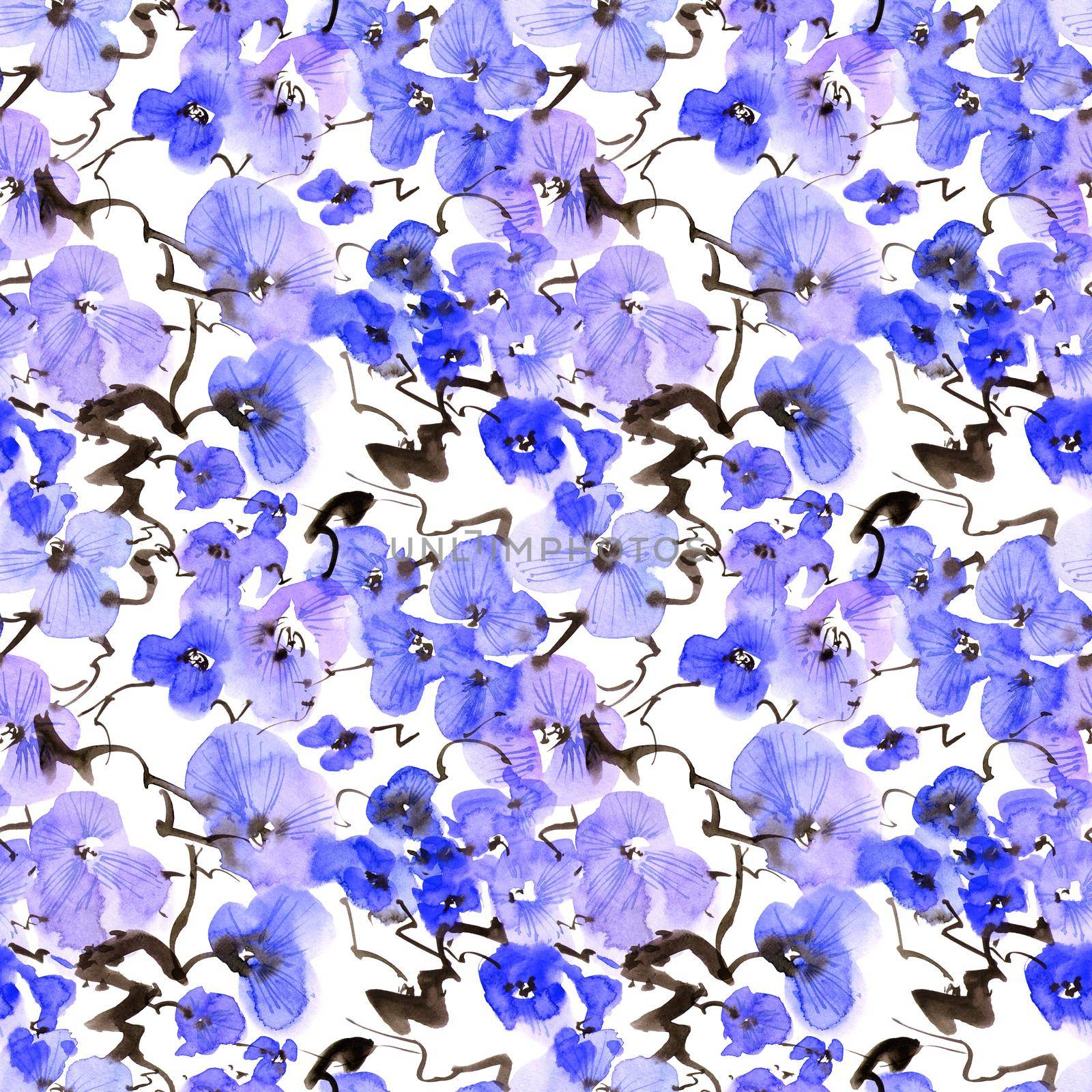 Watercolor illustration of blossom tree branch with blue flowers - seamless pattern. Oriental traditional painting in style sumi-e, u-sin and gohua. Flowers on white background.