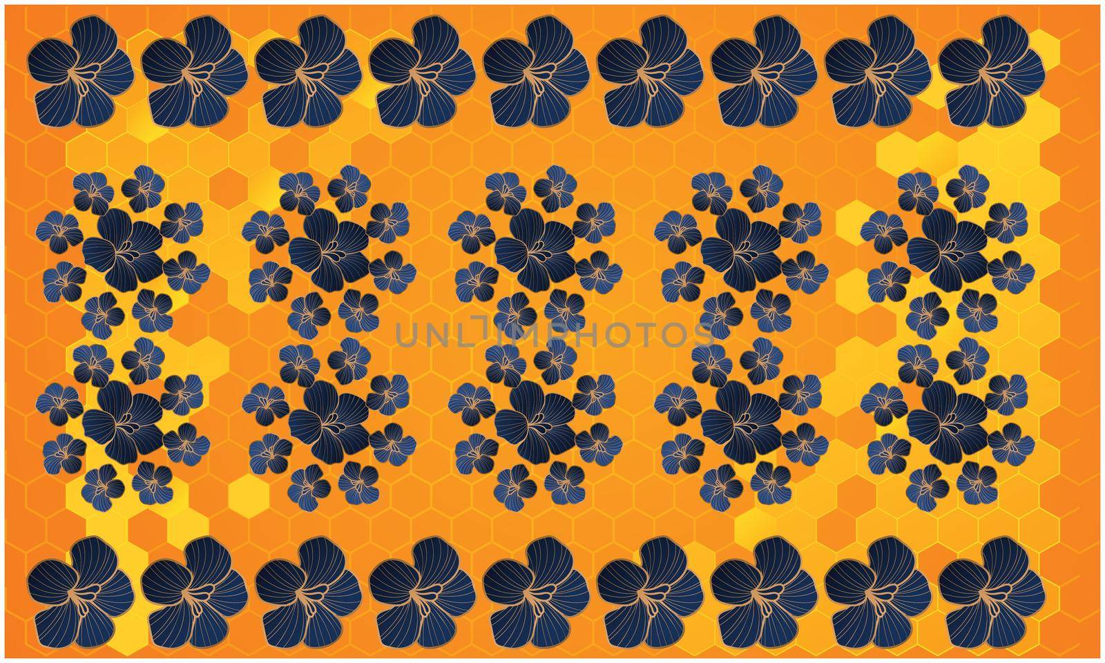 dark blue big and small flower on golden honey comb background by aanavcreationsplus