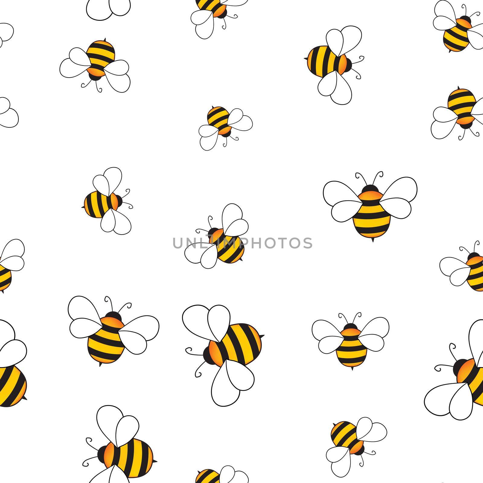 Seamless pattern with bees on white background. Small wasp. Vector illustration. Adorable cartoon character. Template design for invitation, cards, textile, fabric. Doodle style.