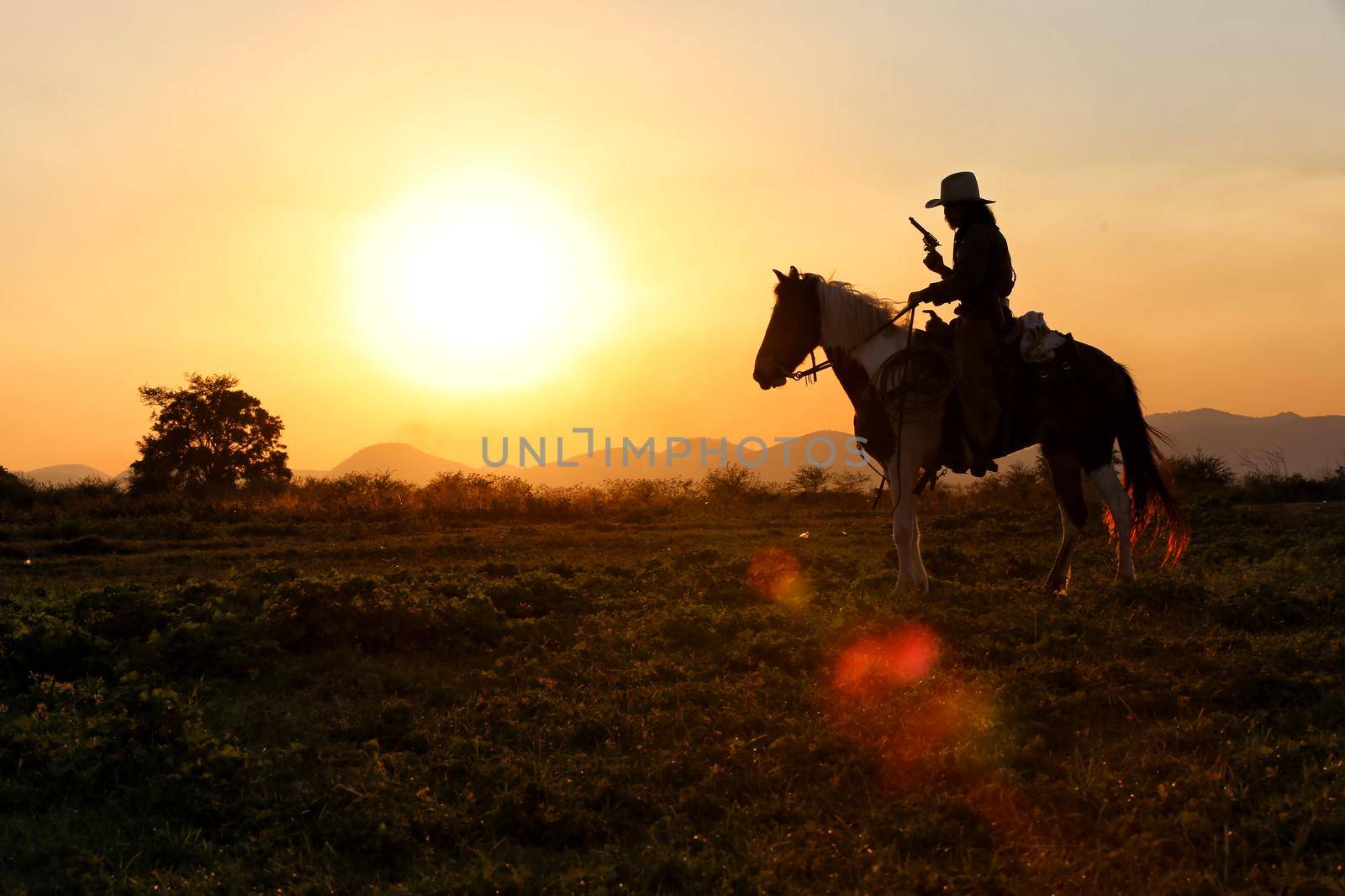 The silhouette of rider as cowboy outfit costume with a horses and a gun held in the hand against smoke and sunset background by chuanchai