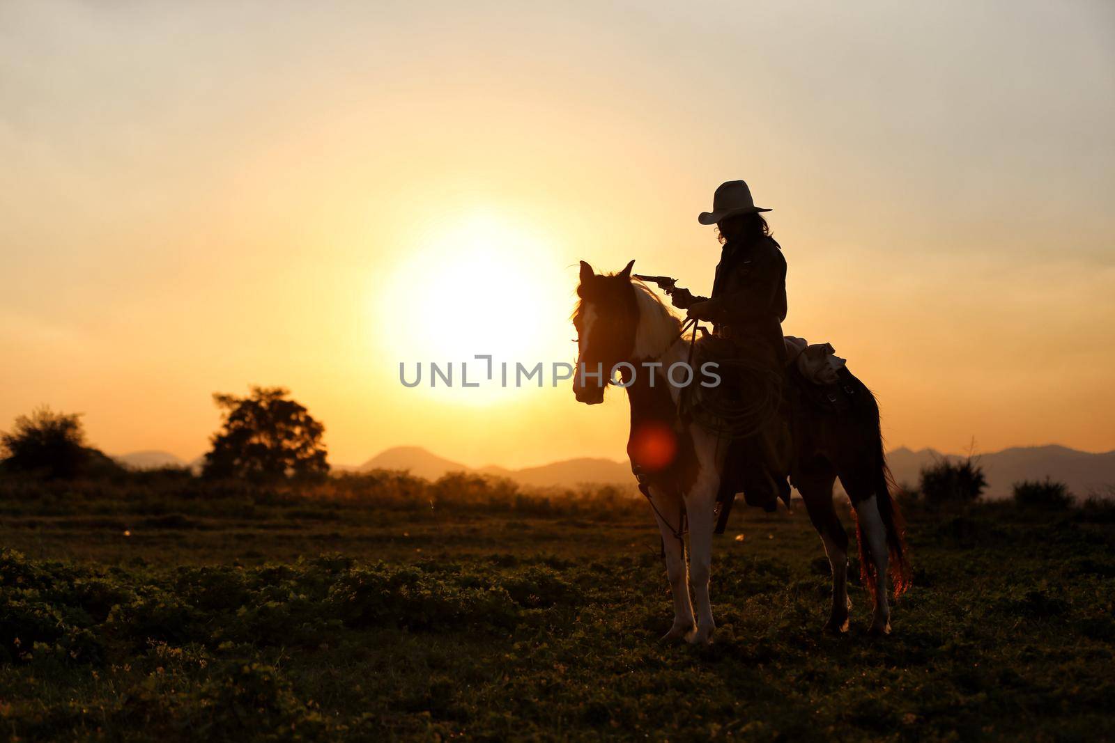 The silhouette of rider as cowboy outfit costume with a horses and a gun held in the hand against smoke and sunset background by chuanchai