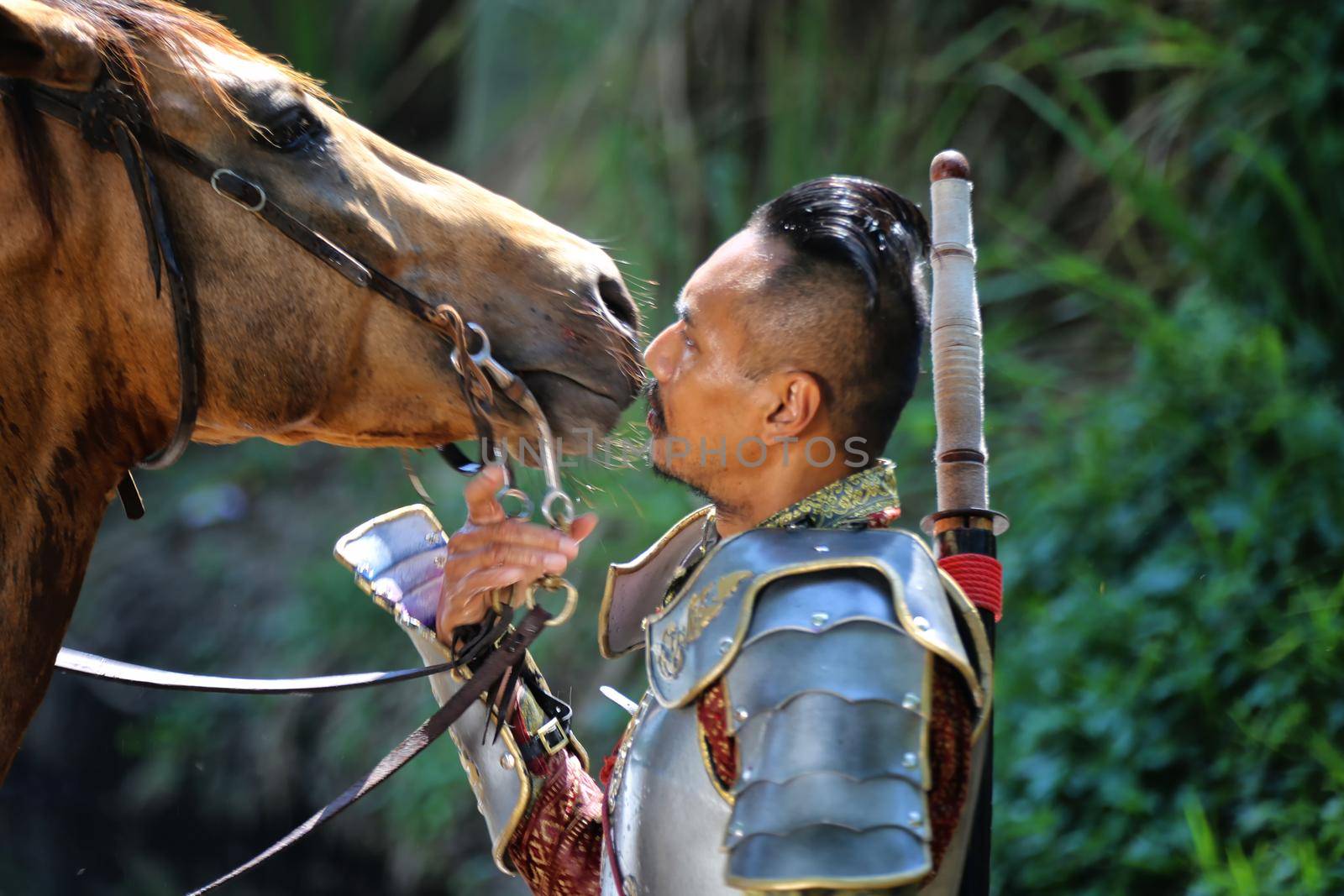 Aisan Thai soldier in the history scene with armor suit costume and horse	
 by chuanchai