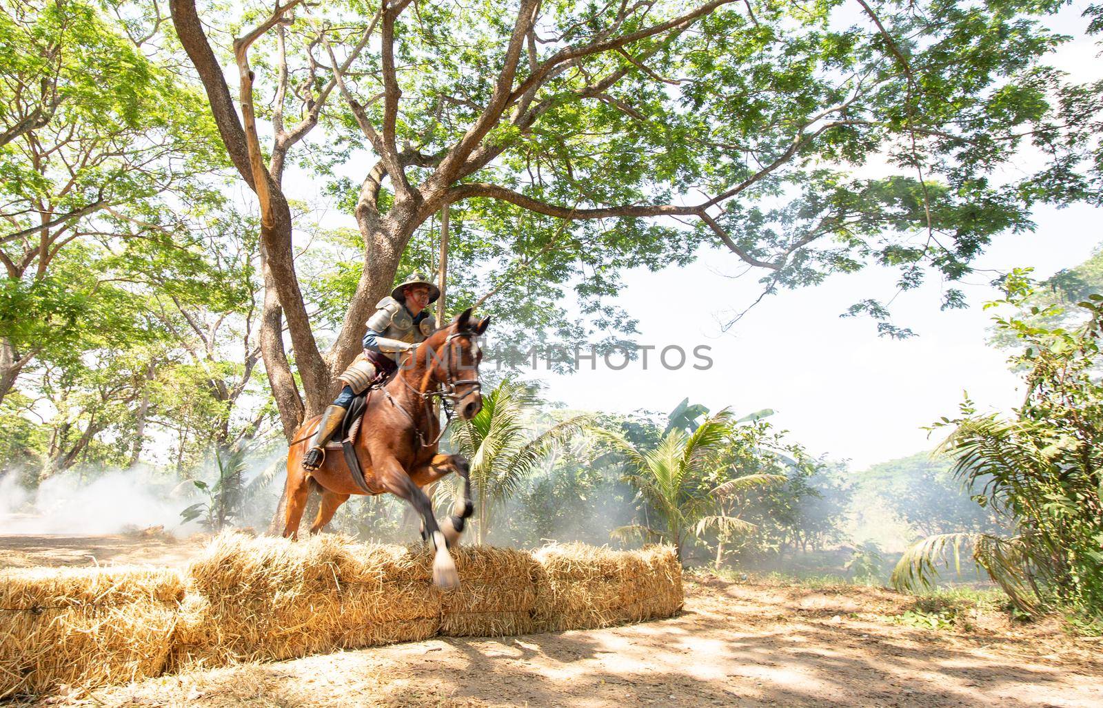 Aisan Thai soldier in the history scene with armor suit costume and horse	
 by chuanchai