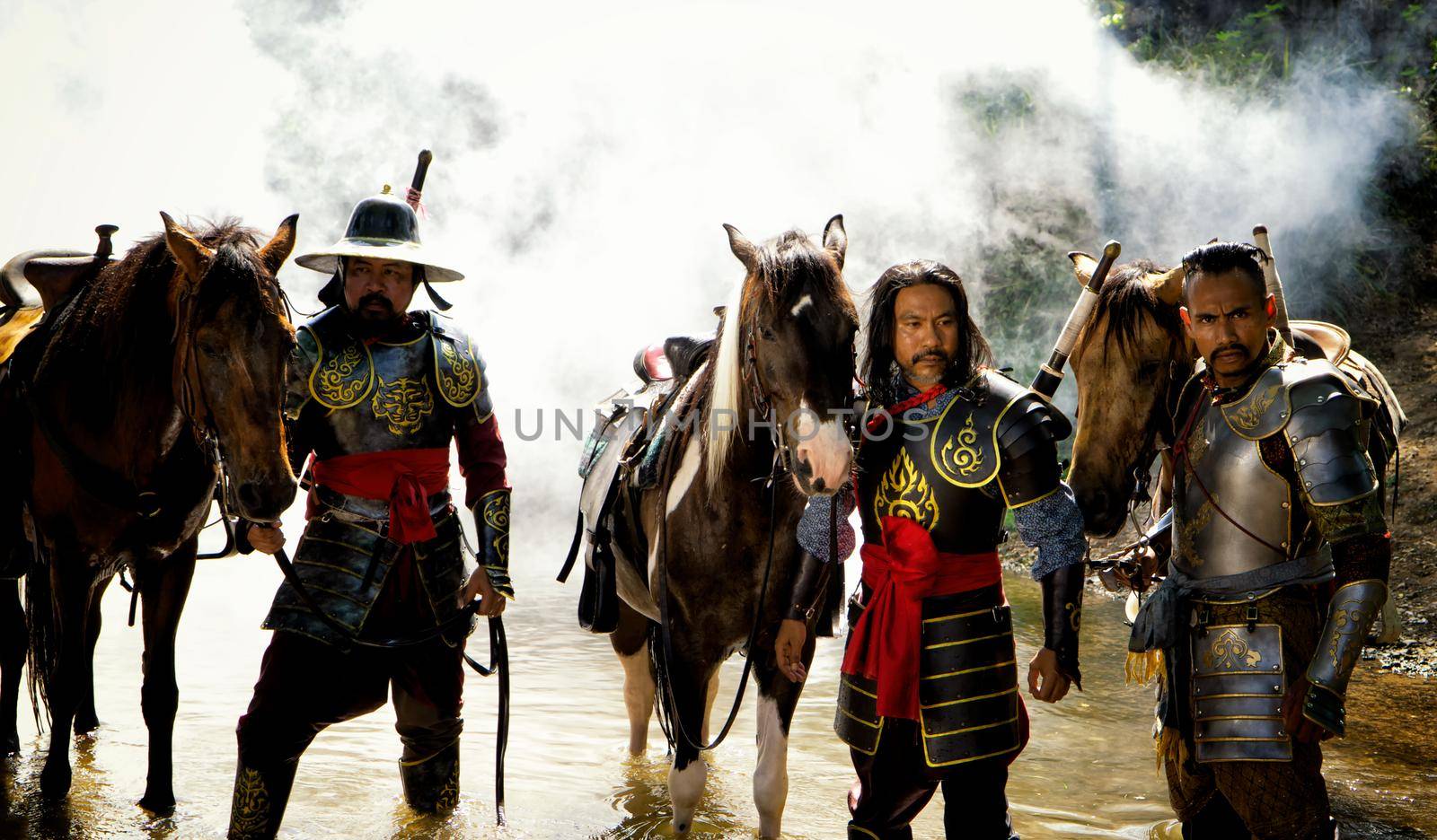 Aisan Thai soldier in the history scene with armor suit costume and horse	
 by chuanchai