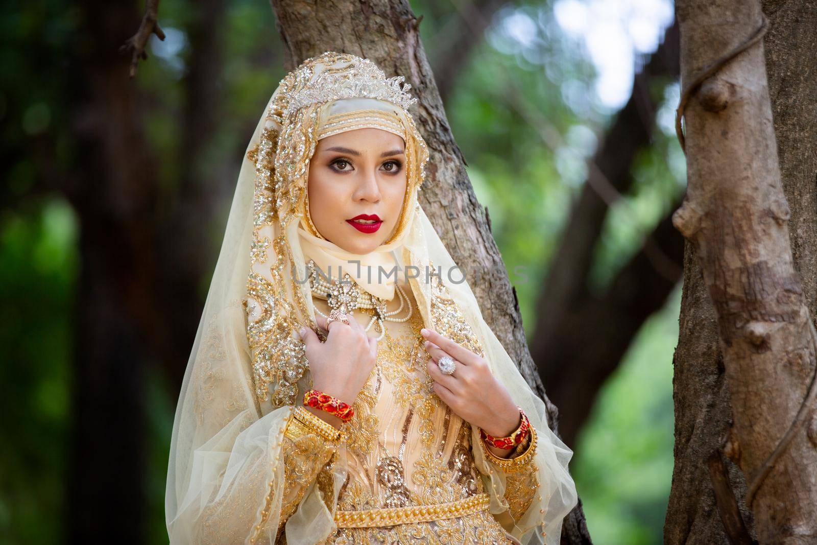 Portrait Of Young Bride Wearing wedding Hijab Standing outdoor by chuanchai