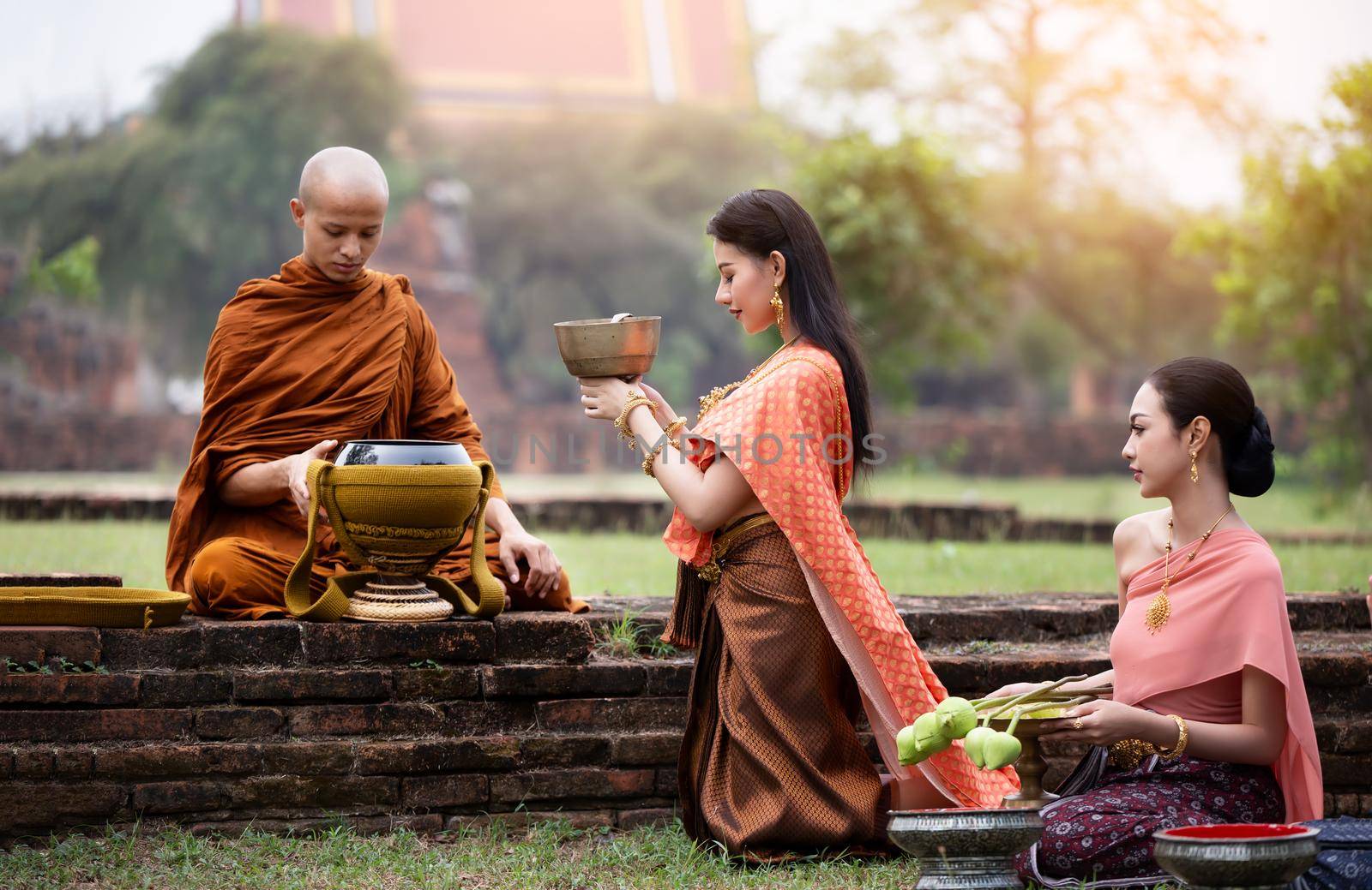 Buddhist monks at Wat Mahathat temple, Sukhothai by chuanchai