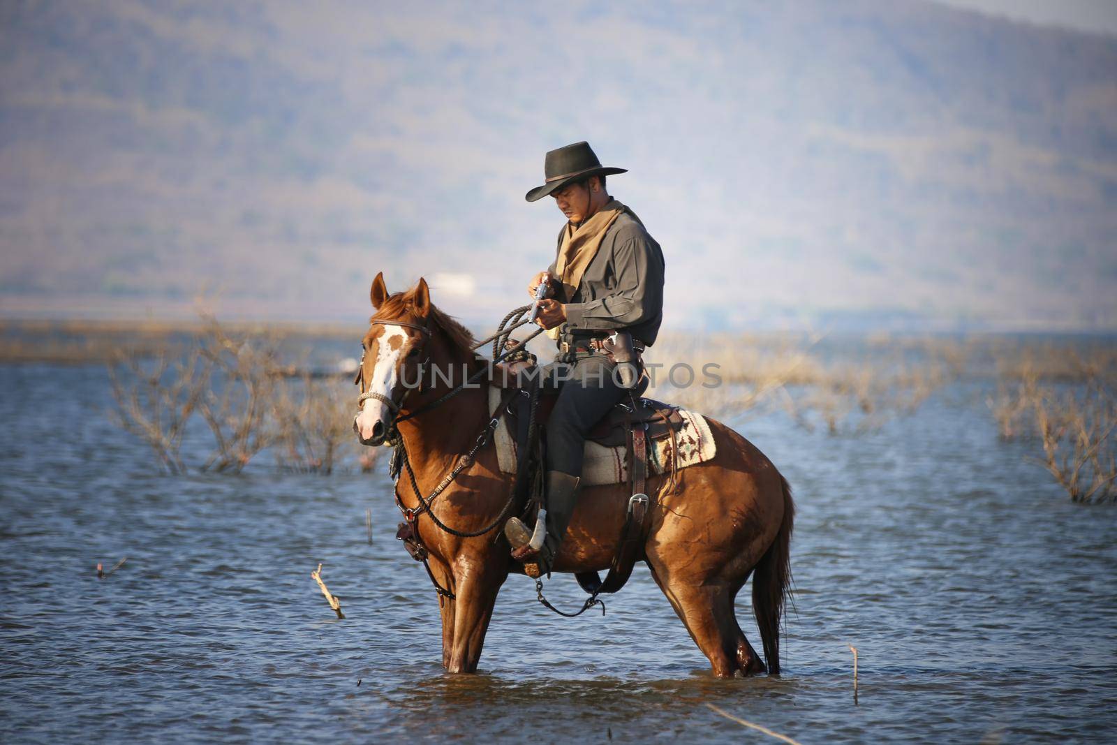 cowboy riding horse against sunset	 by chuanchai