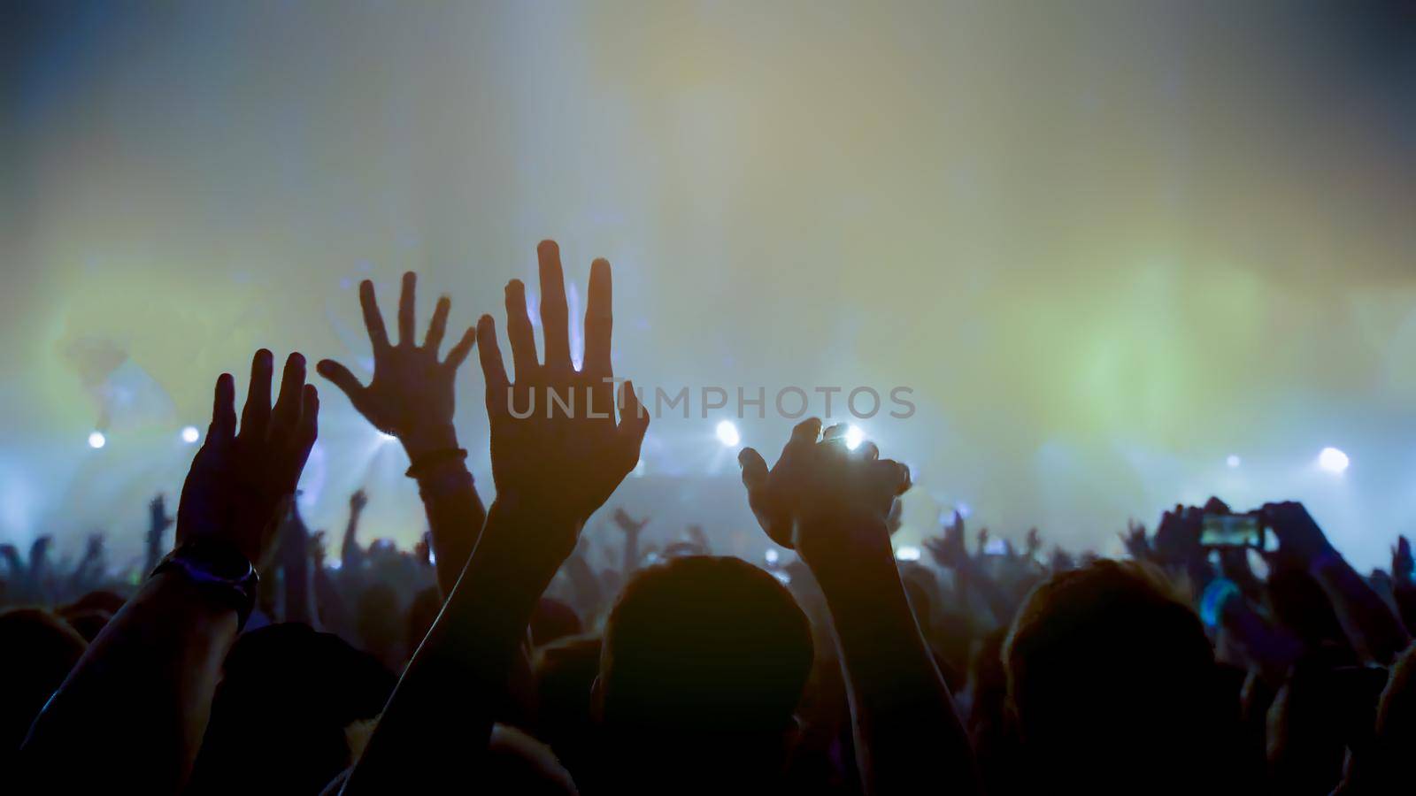 Concert Music festival and Celebrate. Party People Rock Concert. Crowd Happy and Joyful and Applauding or Clapping. Celebration party festival happiness. Blurry night club. Concert Show with DJ Music festival EDM on Stage