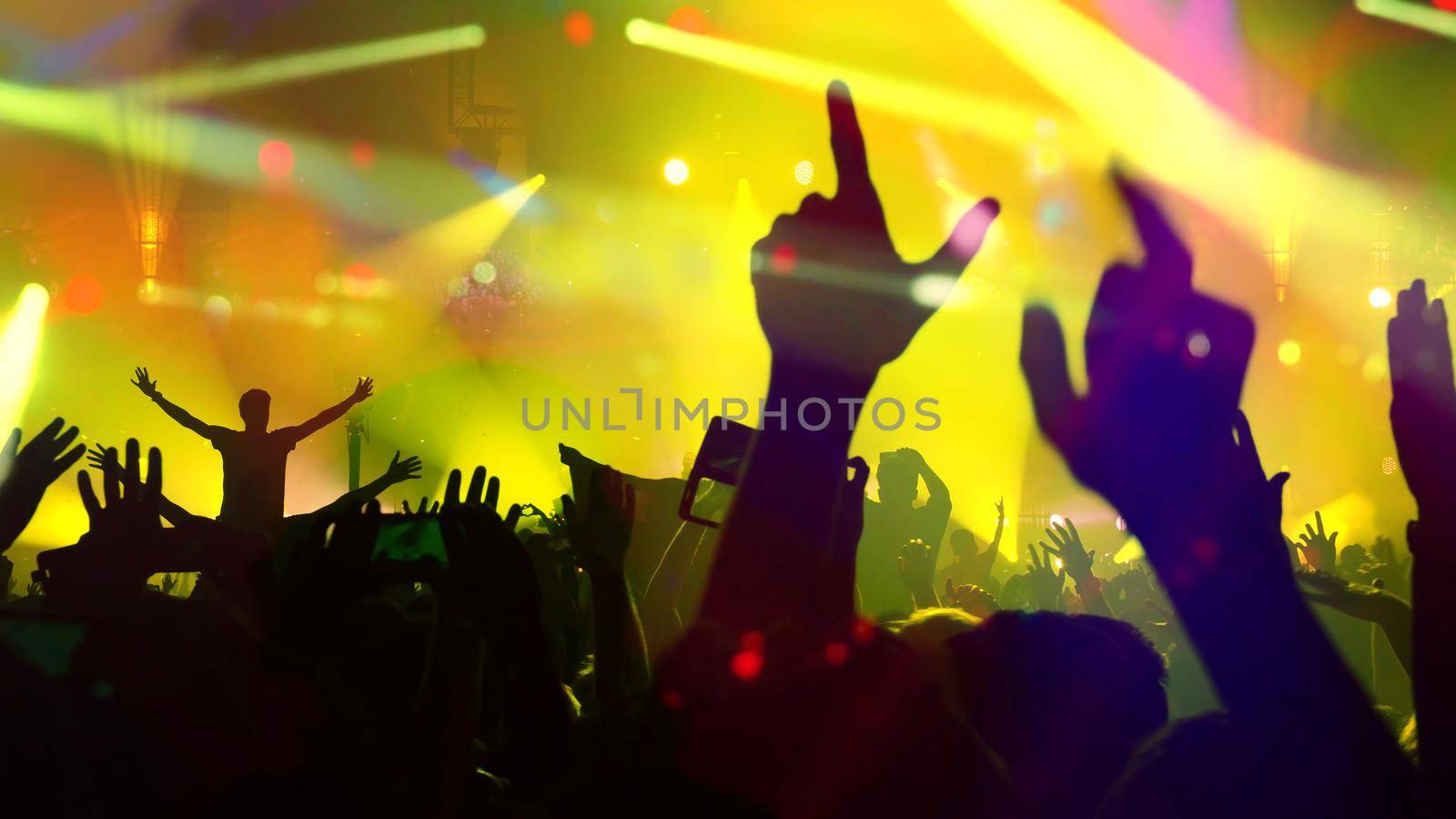 Concert Music festival and Celebrate. Party People Rock Concert. Crowd Happy and Joyful and Applauding or Clapping. Celebration party festival happiness. Blurry night club. Concert Show with DJ Music festival EDM on Stage