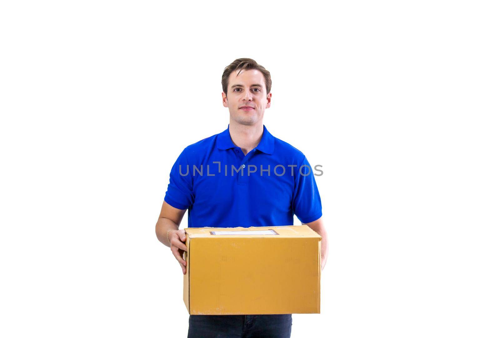 Delivery man carrying package carton box isolated on white background.