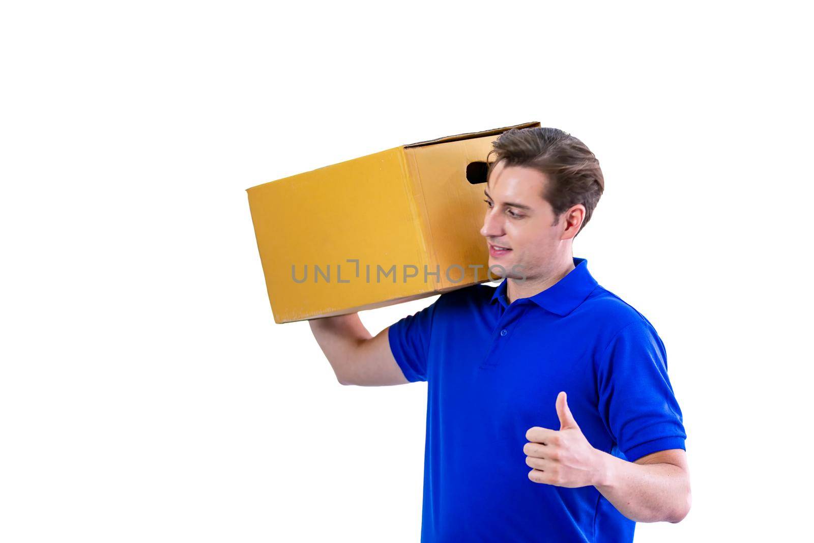 Delivery man carrying package carton box isolated on white background.