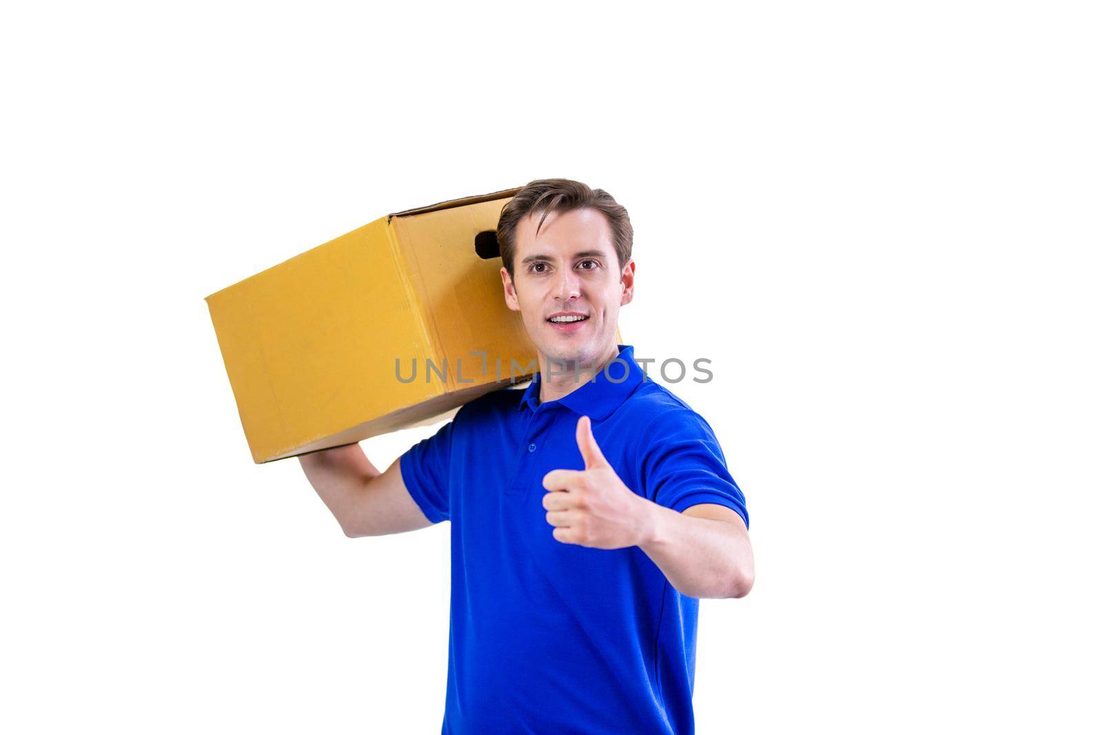 Delivery man carrying package carton box isolated on white background. by chuanchai