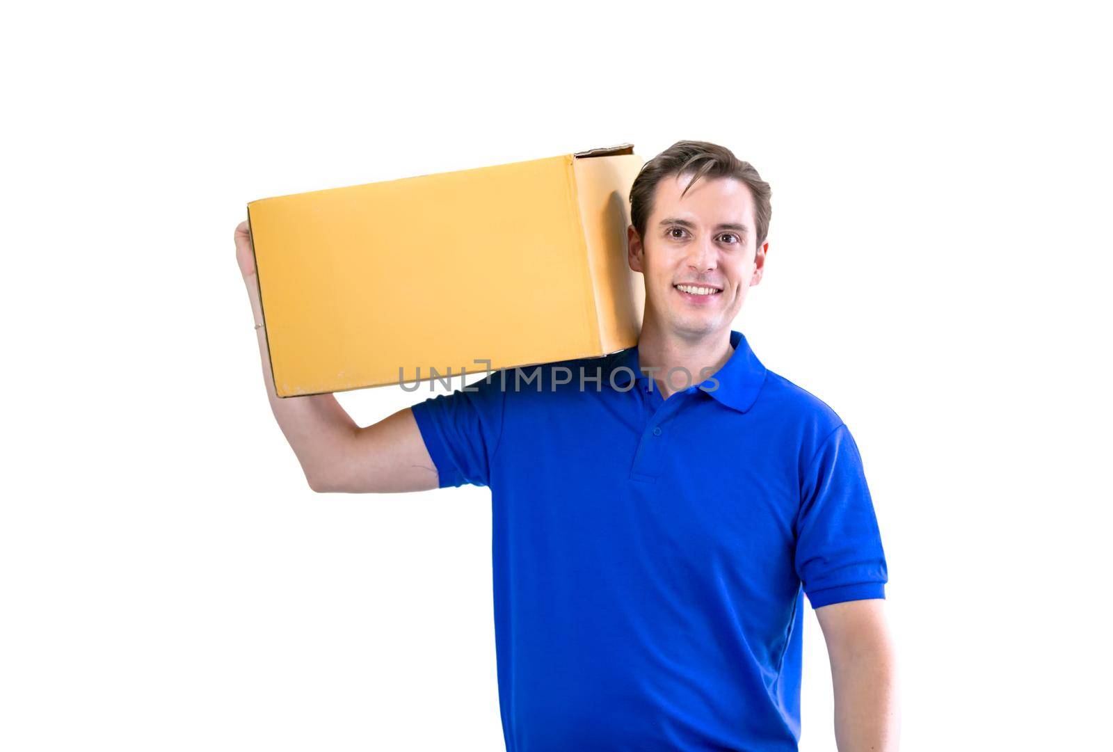 Delivery man carrying package carton box isolated on white background.