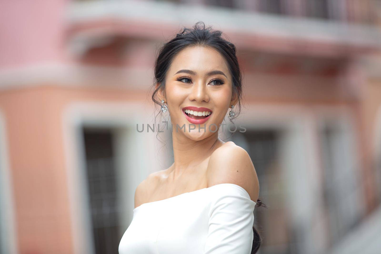 Portrait of real women with fashion hairstyle white cloth standing on street, Young millennial hipster stylish diverse women, real women, empowerment women for women's day concept