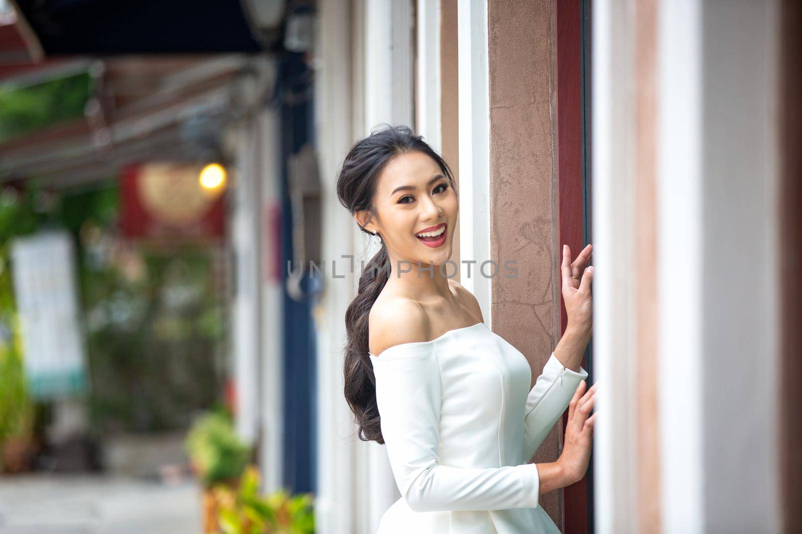 Portrait of real women with fashion hairstyle white cloth standing on street, Young millennial hipster stylish diverse women, real women, empowerment women for women's day concept