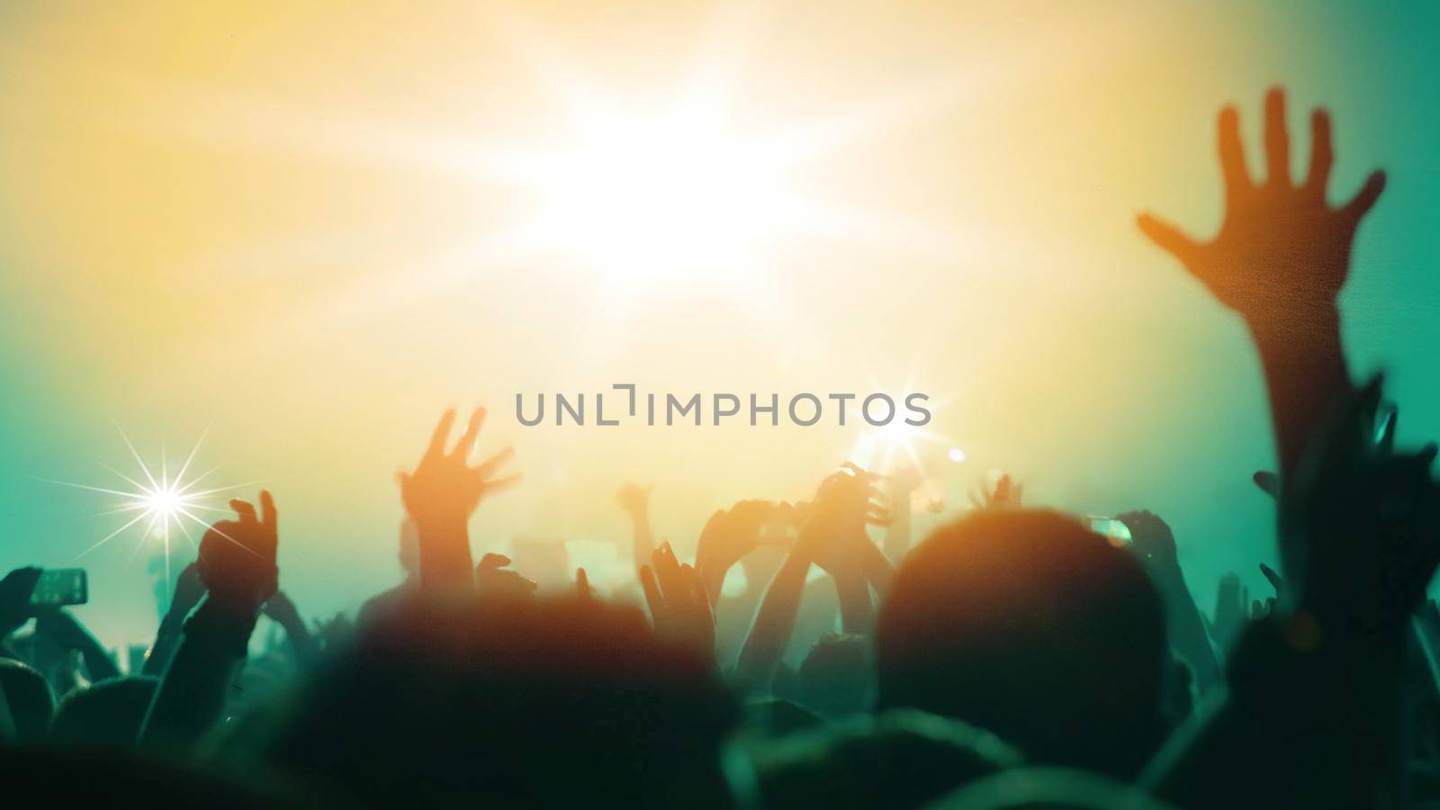 Concert Music festival and Celebrate. Party People Rock Concert. Crowd Happy and Joyful and Applauding or Clapping. Celebration party festival happiness. Blurry night club. Concert Show with DJ Music festival EDM on Stage